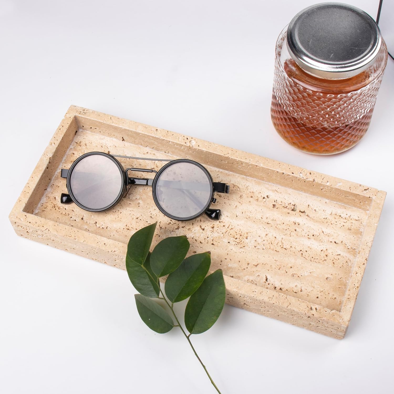 Marble Vanity Tray Italy Natural Travertine Stone Decorative Tray for Perfume, Cosmetic and Kitchen Organization, Coffee Table Display Beige