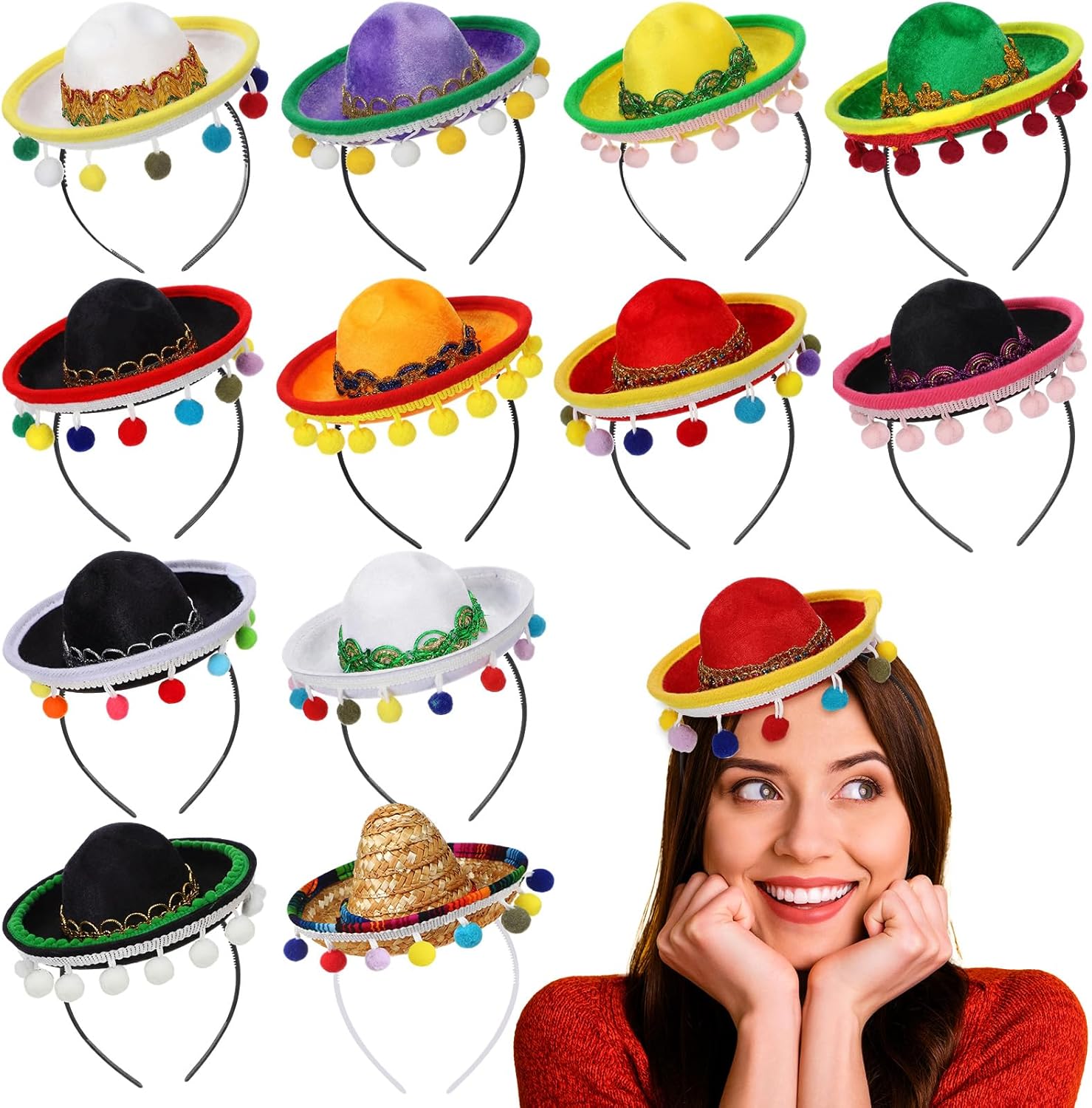 Mumufy 12 Pcs Mexican Sombrero Headband Hats Bulk for Adults Mini Fiesta Hats with Fabric Cinco De Mayo Party Decorations(Classic)