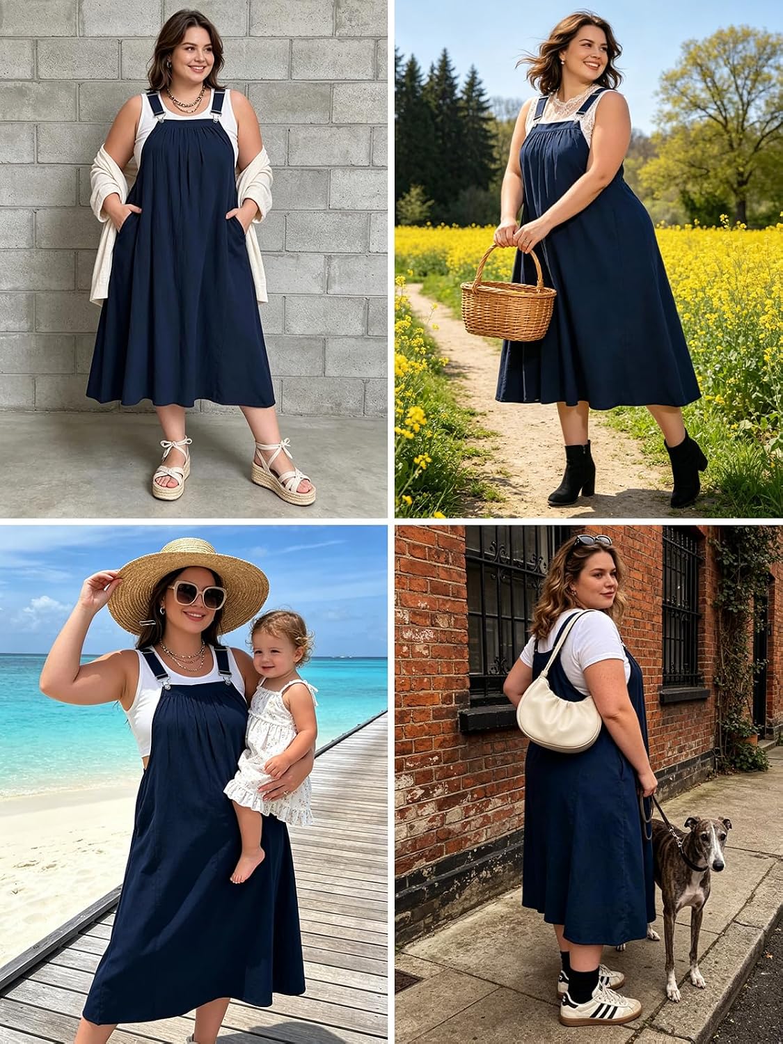 Moon Wood Plus Size Cotton Overall Dress for Women Casual Maxi Dress Adjustable Strap jumper dress with Pockets
