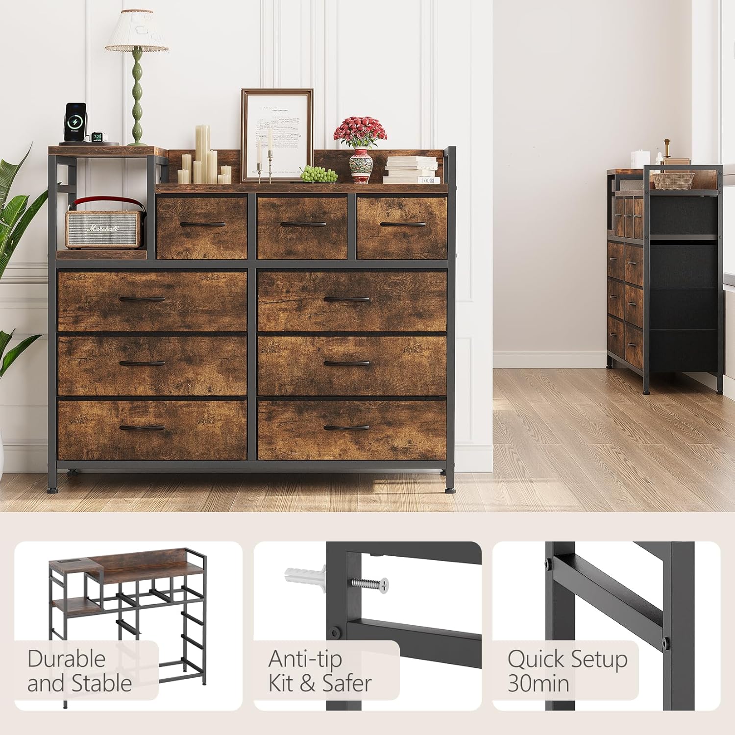 Dresser in a bedroom setting with some drawers pulled out, showing contents.