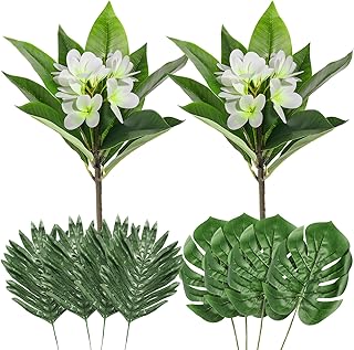 Crowye 10 Pcs Safari Decorations Include 2 Artificial Plumeria Frangipani Flower Bouquets 4 Artificial Palm Leaves with Faux Stems Tropical Plant Leaves 4 Fake Monstera Leaves Safari Leaves for Luau