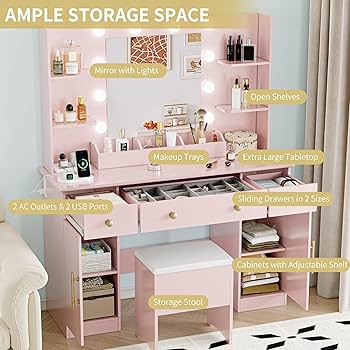 Amazon.com: Xixini Vanity Desk with Mirror and Lights, 43'' Pink