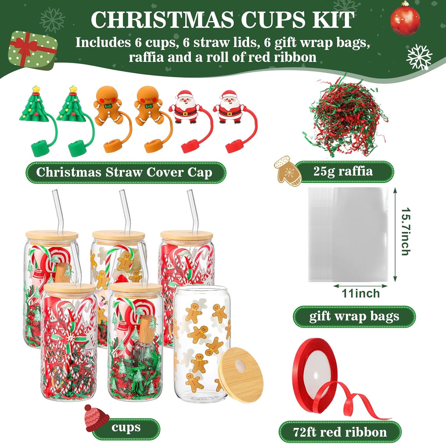 6 Set DIY Christmas Cup Gifts Ideas Glasses Cups Bulk 18oz Gingerbread Pinetree Candy Canes Mason Jar Filled with Lid and Straw Raffia for Friends Coworker Teachers Gift Christmas Party Favor