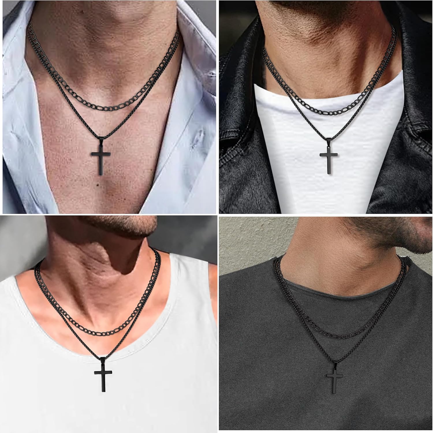 Fiusem 2 Pcs Cross Necklace Chain for Men and Women, Stainless Steel Layered Mens Cross Necklaces with Pendant, Figaro and Box Chain 16-24 Inch - Image 8