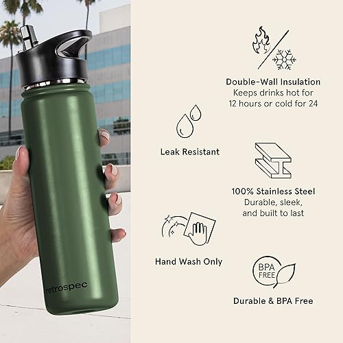 Miniatura 2 de Retrospec Botella de agua aislada de aliso con tapa de popote y tapa de asa, termo de acero inoxidable con boca ancha de doble pared aislada al