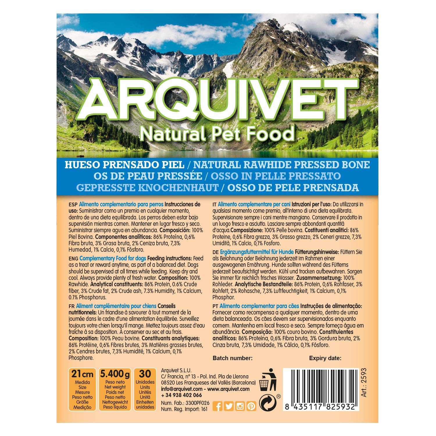 ARQUIVET Hueso prensado de Piel de Vacuno 100% Natural para Perros - 21 cm - Caja Completa 30 uds retractiladas - Snacks Naturales - Chuches, premios, recompensas, golosinas, chucherías caninas