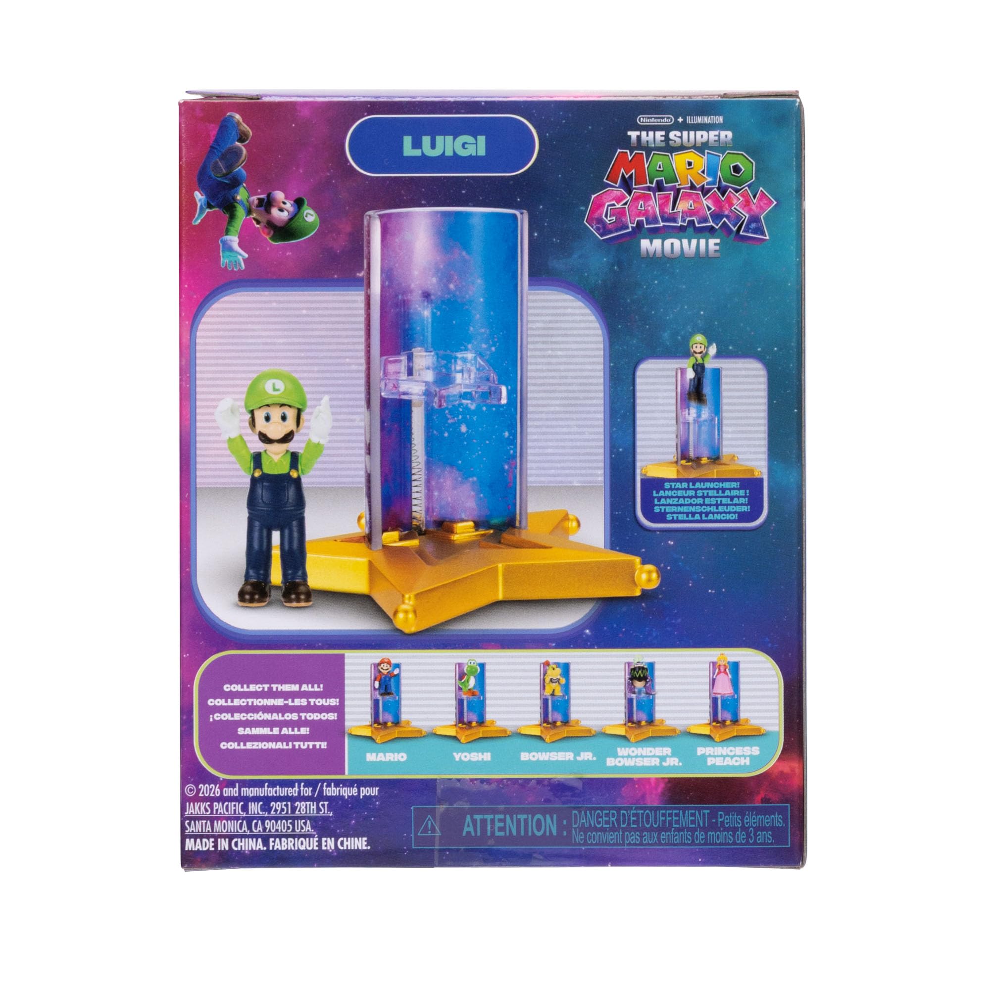 Zestaw figurek akcji 1,5" i wyrzutni gwiazd z filmu Super Mario Galaxy, oficjalnie licencjonowany, 6 figurek i sprężynowe podstawki, zawiera Mario, Luigi, Peach, Bowser Jr., Wonder Bowser Jr., Yoshi