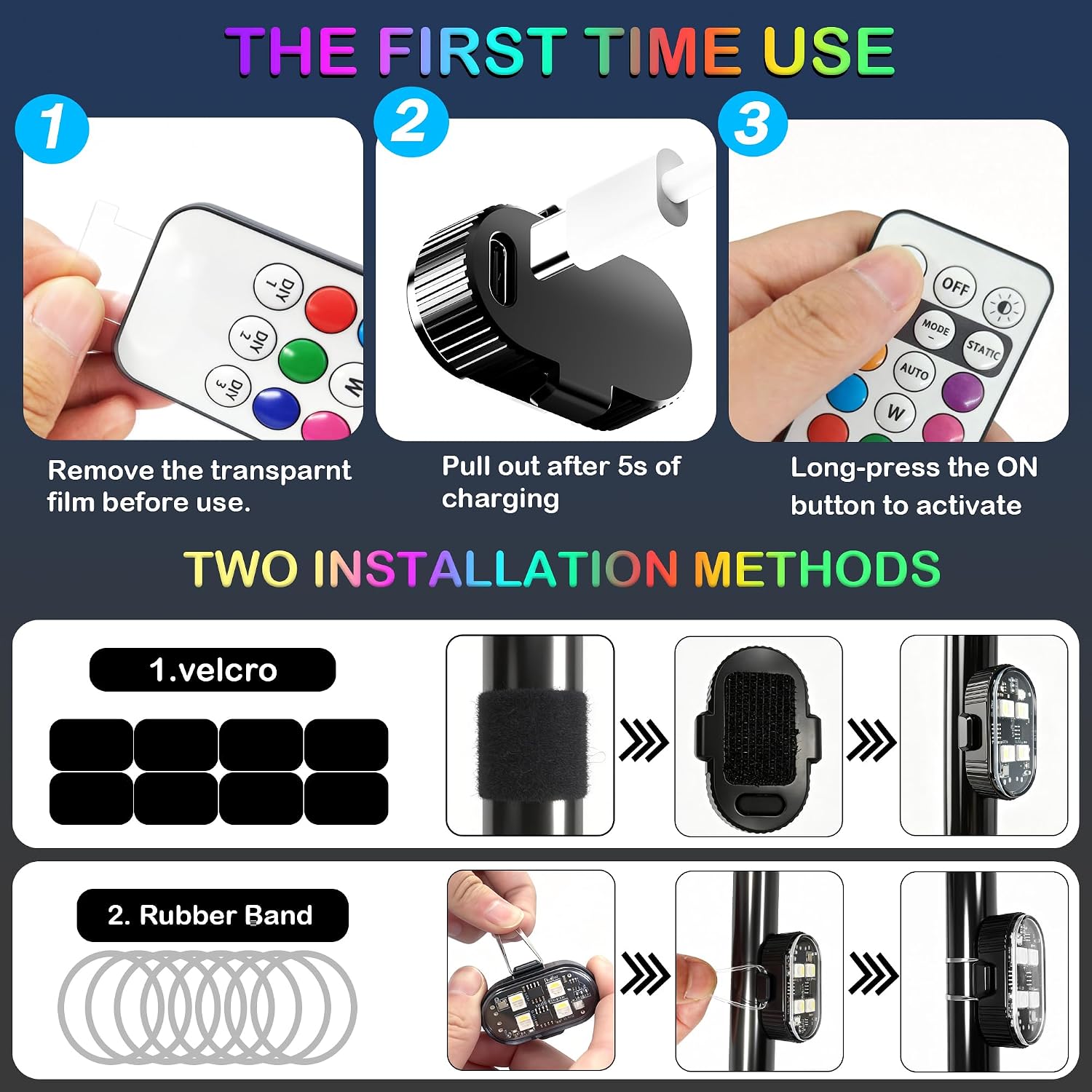 Upgraded 8PCS Wireless LED Strobe Lights with Remote Control | 8 Colors Adjustable Brightness, USB-C Charge 12H Battery Life Waterproof Anti-Collision Lights for Car, Motorcycle, Bike