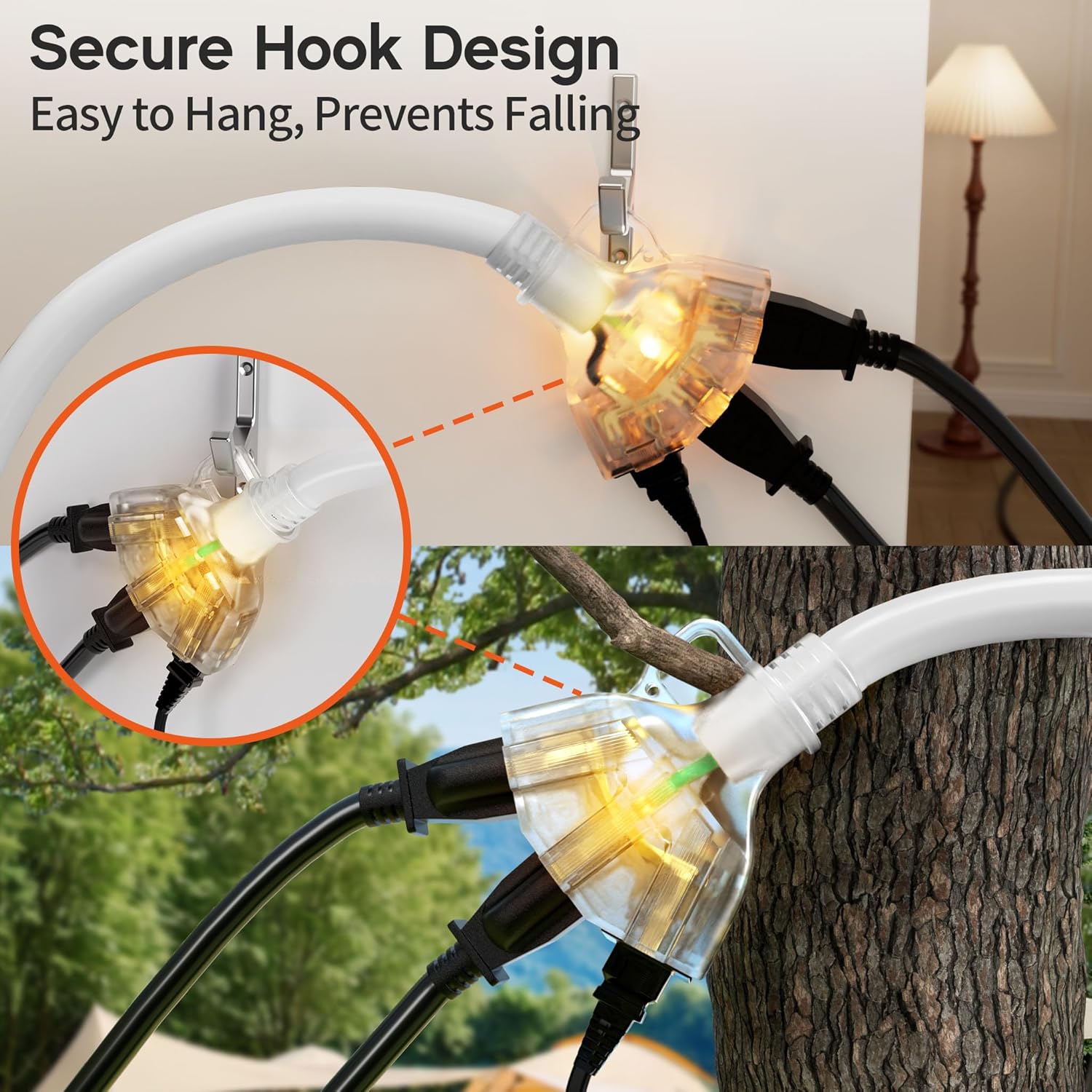 25 ft 12 Gauge Heavy Duty 3 Outlet Extension Cord Splitter with Indicator, Waterproof Outdoor Extension Cord with Multiple Outlets, 15A 1875W for Small Appliances, ETL Listed, White SJTW