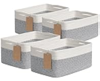 Goodpick 4 Pack Storage Baskets for Shelves, Rectangle Woven Baskets for Organizing, Decorative Closet Bins with Handles, Shelf Basket for Baby Toy Storage, 13''L x 8''W x 6''H, Gray & White