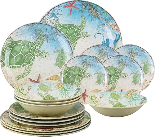 UP ware - Juego de vajilla de melamina de tortuga marina de 16 piezas, juego de platos para exteriores, juegos de platos y cuencos, servicio para 4,