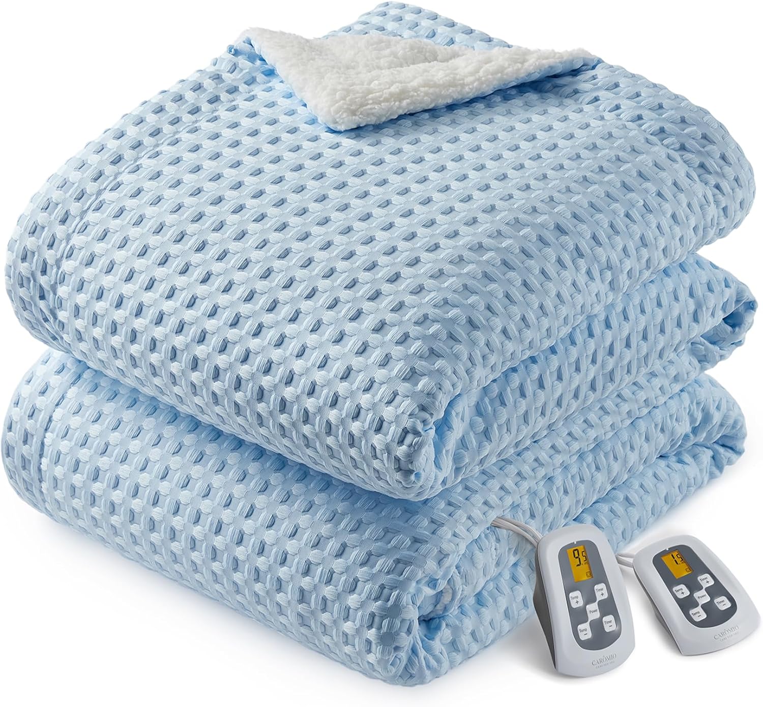 CAROMIO Heated Blanket King Size with LCD Dual Controller, Waffle Weave Fast Heating Electric Blankets, 10 Heat Levels & 1-12H Time Settings, ETL Certified, Machine Washable, Light Blue, 100" x 90"