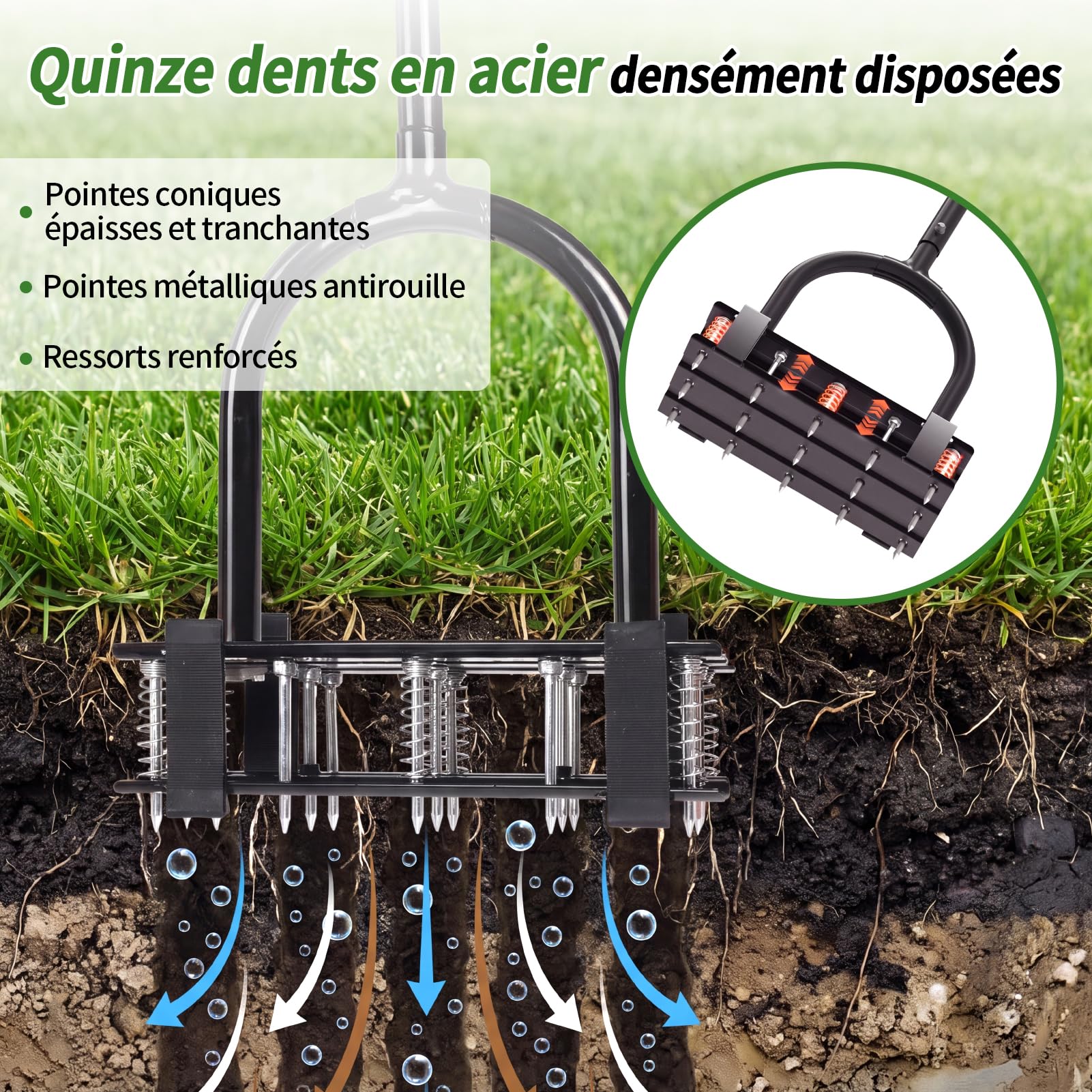 EYMPEU Aérateur de Gazon 15 Pointes Acier, 2-en-1 avec 6 Ressorts, Manuel, 3 hauteurs, pour Petites et Moyennes pelouses.