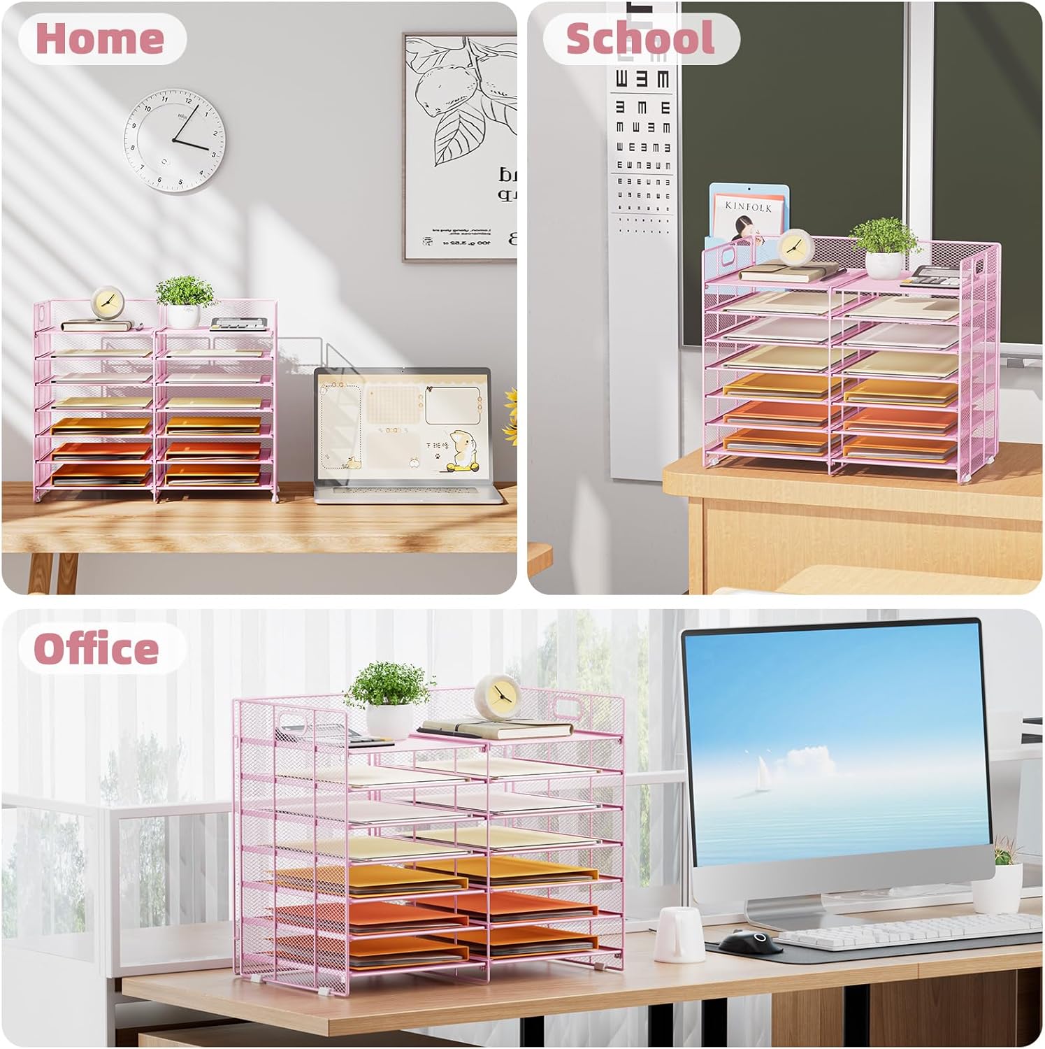 Marbrasse Desktop Literature Organizer, 12 Compartments Mesh Paper Organizer Desk Organizers, Adjustable File Sorter Mail Center Paper Storage Cabinet Classroom Mailbox for Office Home School, Pink