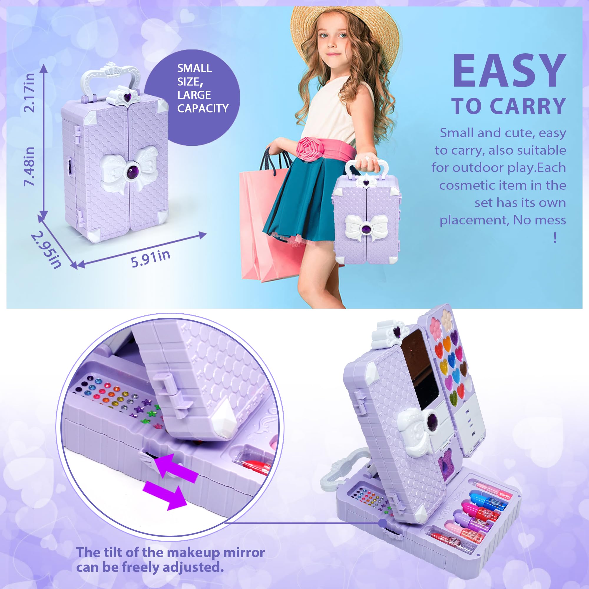 Juego de maquillaje infantil para niña, lavable, juego de maquillaje, juguetes, caja de maquillaje, juguetes, Halloween, Navidad, cumpleaños, 4-12 años, color lila