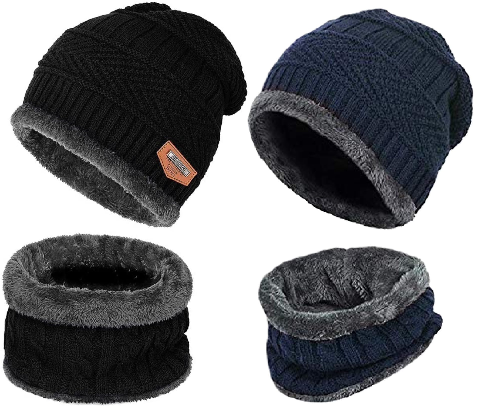 Woolen Beanie/Skull Cap & Neck Warmer (Muffler) Combo For Winters With Faux Fur Inner Side | Warm Hat | Hedging Hat Scarf Set |Air Proof Cap | Woolen Cap | Ear Warmer Cap Pack Of 2 Set