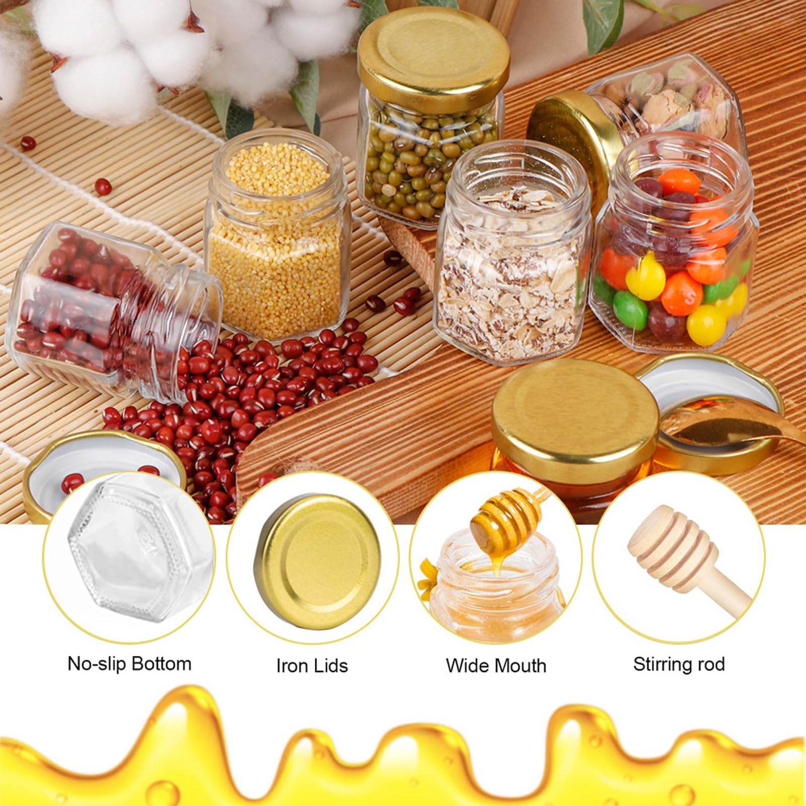 12 Pcs vasetti da miele barattoli esagonali in vetro esagonale da 45ml con mestolo in legno ciondolo a forma di ape etichette in carta kraft ciocche di canapa per bomboniere Natale Battesimo