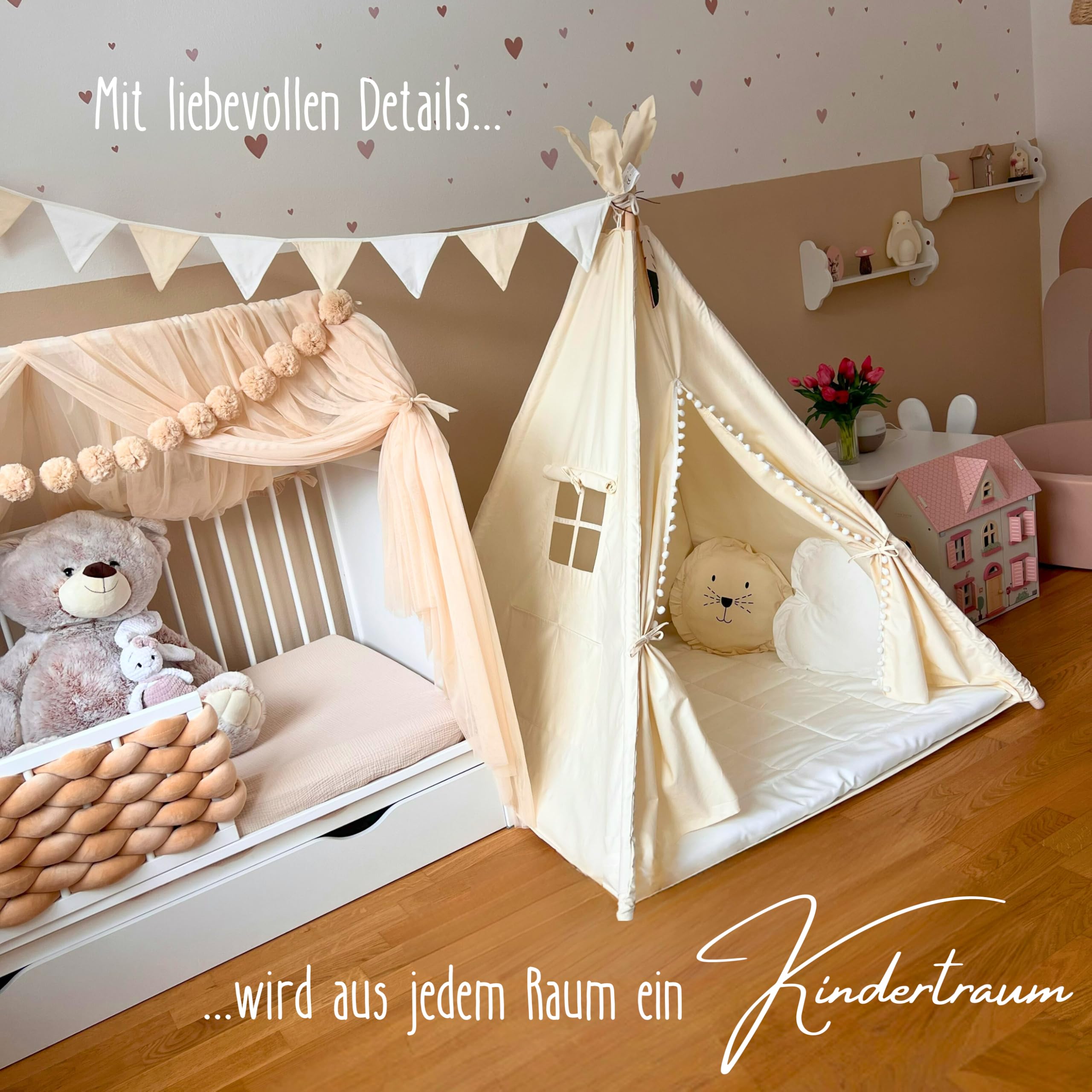 jijAcraft Wimpelkette Kinderzimmer mit Quasten Beige Braun: 2,8m Stoff Wimpelkette Musselin Doppelseitig Girlande Kinderzimmer Stoffgirlande Mädchen Junge für Hausbett, Babybett,Kinderbett