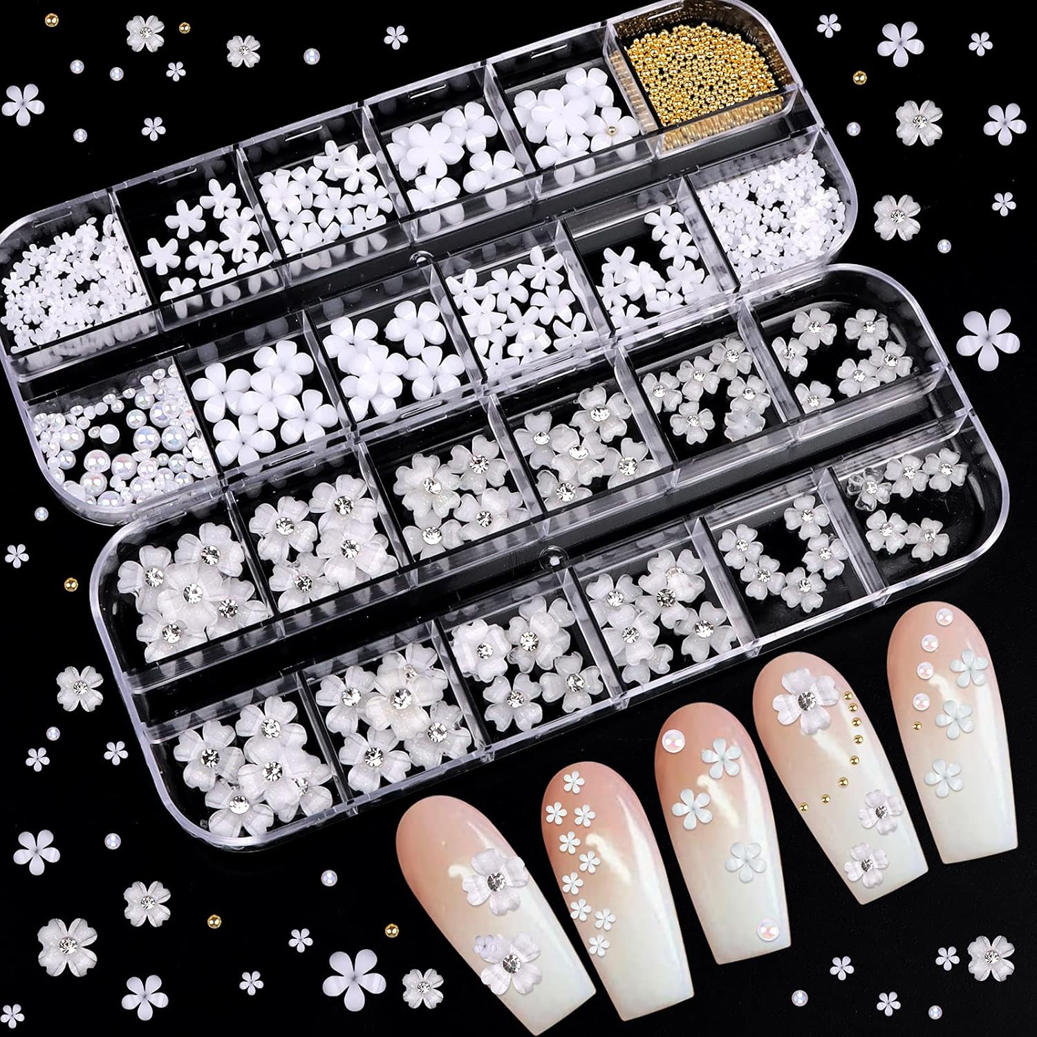 3D White Flower Nail Charms for Acrylic Nails, Lorvain 24 Grid Nail Art Decoration Flower Golden Beads Design Decals for Women Girls DIY Manicures Jewelry Salon Nail Studs Accessories : Beauty & Personal Care