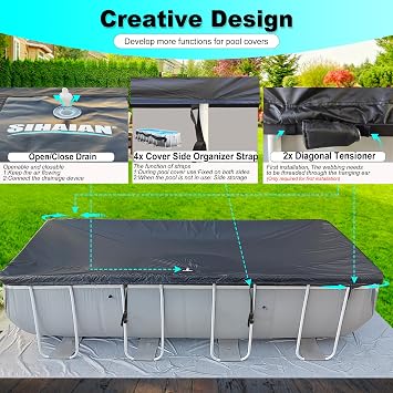 SIHAIAN 9x18Ft Pool Cover for Oval and Rectangular Above Ground Pool with Side Storage, Preventing Waterlogging One-Piece Oval Pool Cover, Lockable, Windproof, UV-Resistant, Tear-Resistant Solar Cover