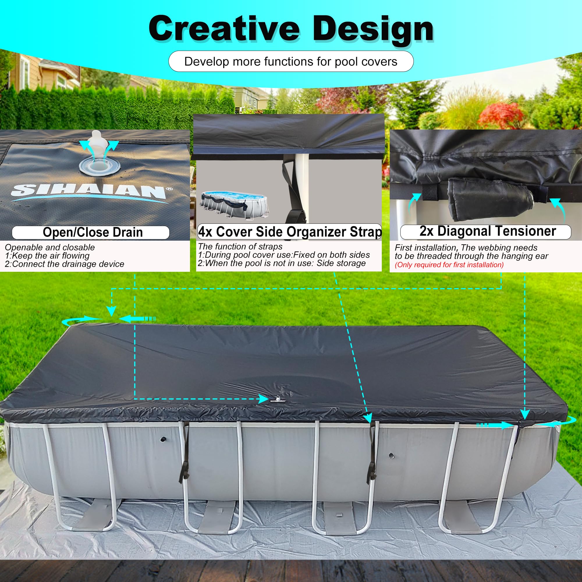 SIHAIAN Bâche de Piscine rectangulaire de 2,7 x 5,5 m avec Rangement latéral pour Piscine Hors Sol Ovale et rectangulaire, Couverture Solaire Ovale Monobloc, empêche l'engorgement, résistante aux UV