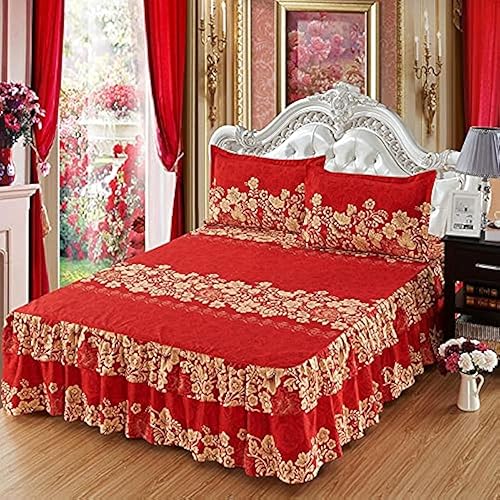 Zhiyuan Falda de cama de 2 capas con volantes de microfibra cepillada con 2 fundas de almohada, tamaño King, rosa