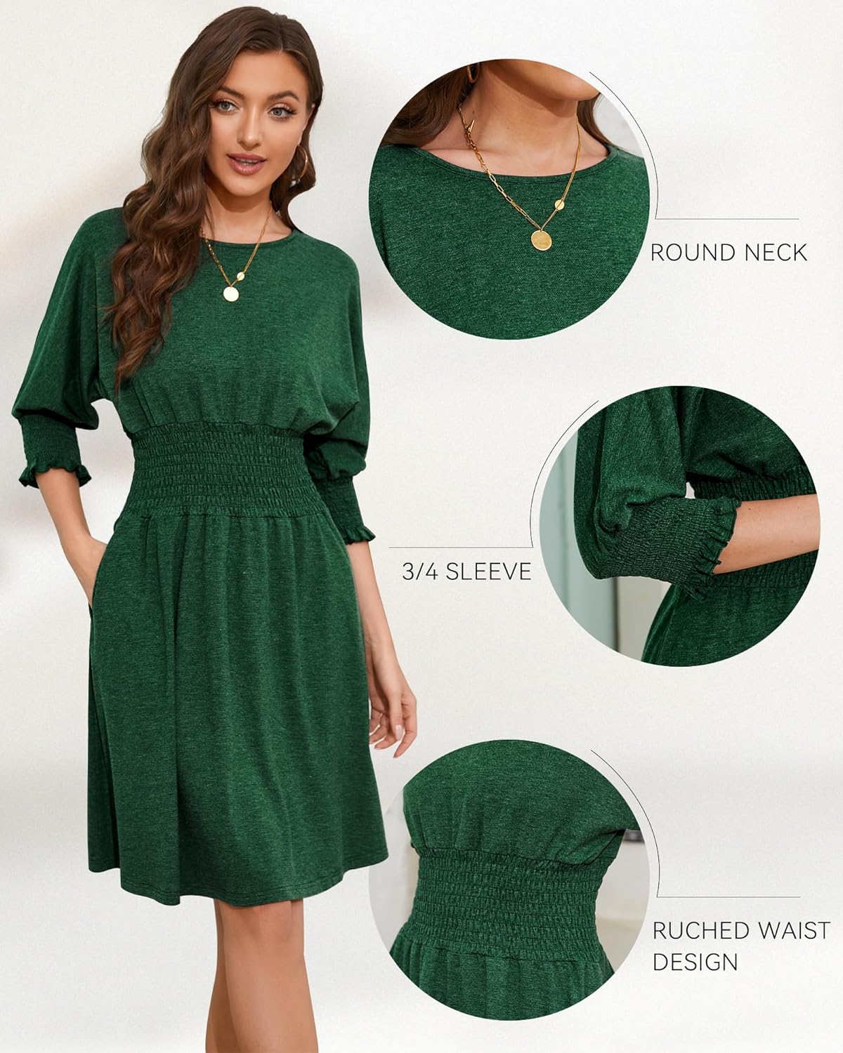 Summer Dresses for Women 2025 Casual 3/4 Sleeve Smocked Dress Crew Neck Elastic Waist A-Line Knee Length with Pocket - Image 5