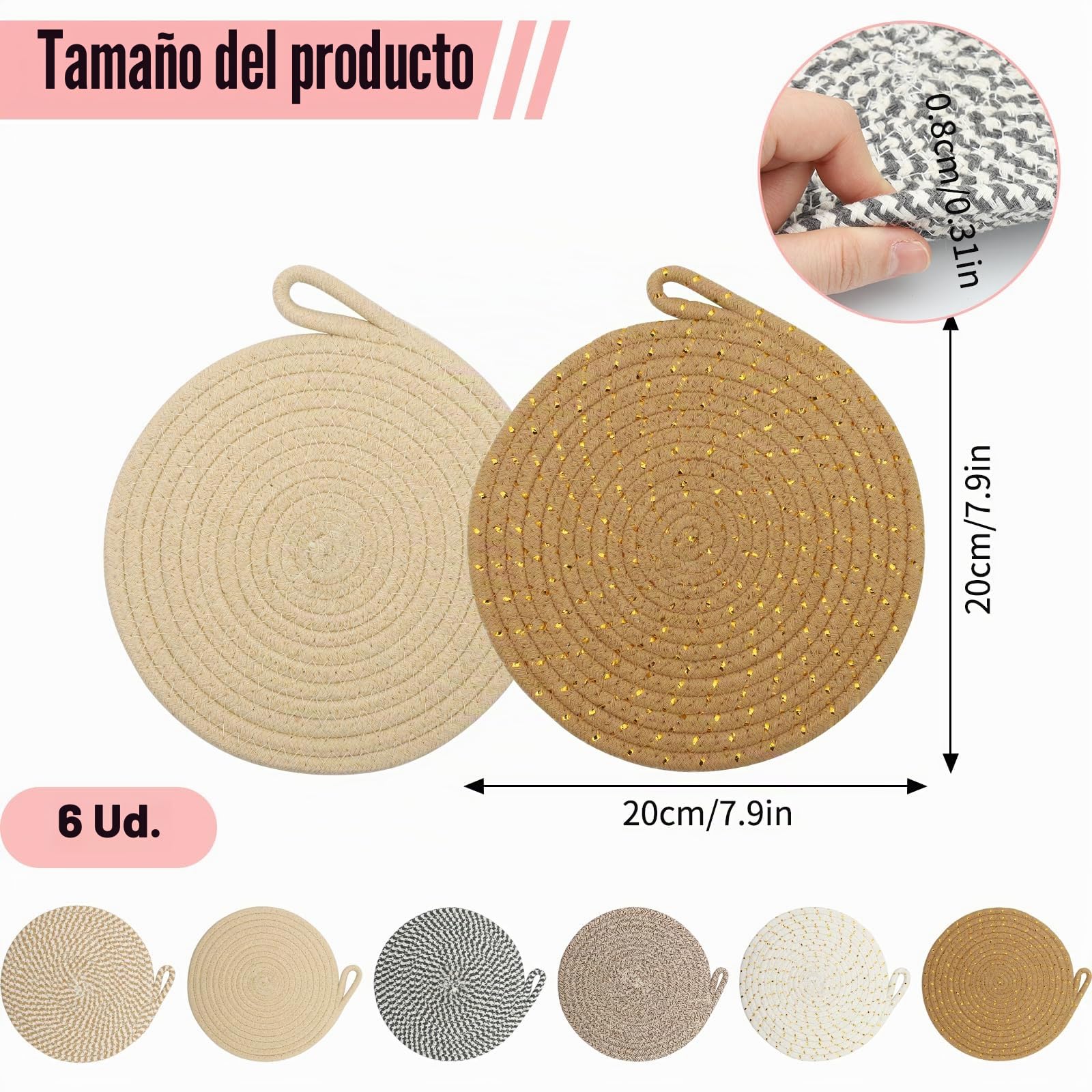 6 salvamanteles para ollas, salvamanteles de algodón, 20 cm, aislados, redondos, trenzados, para cocinar en cocina, cuencos, ollas, sartenes y platos (6 colores)