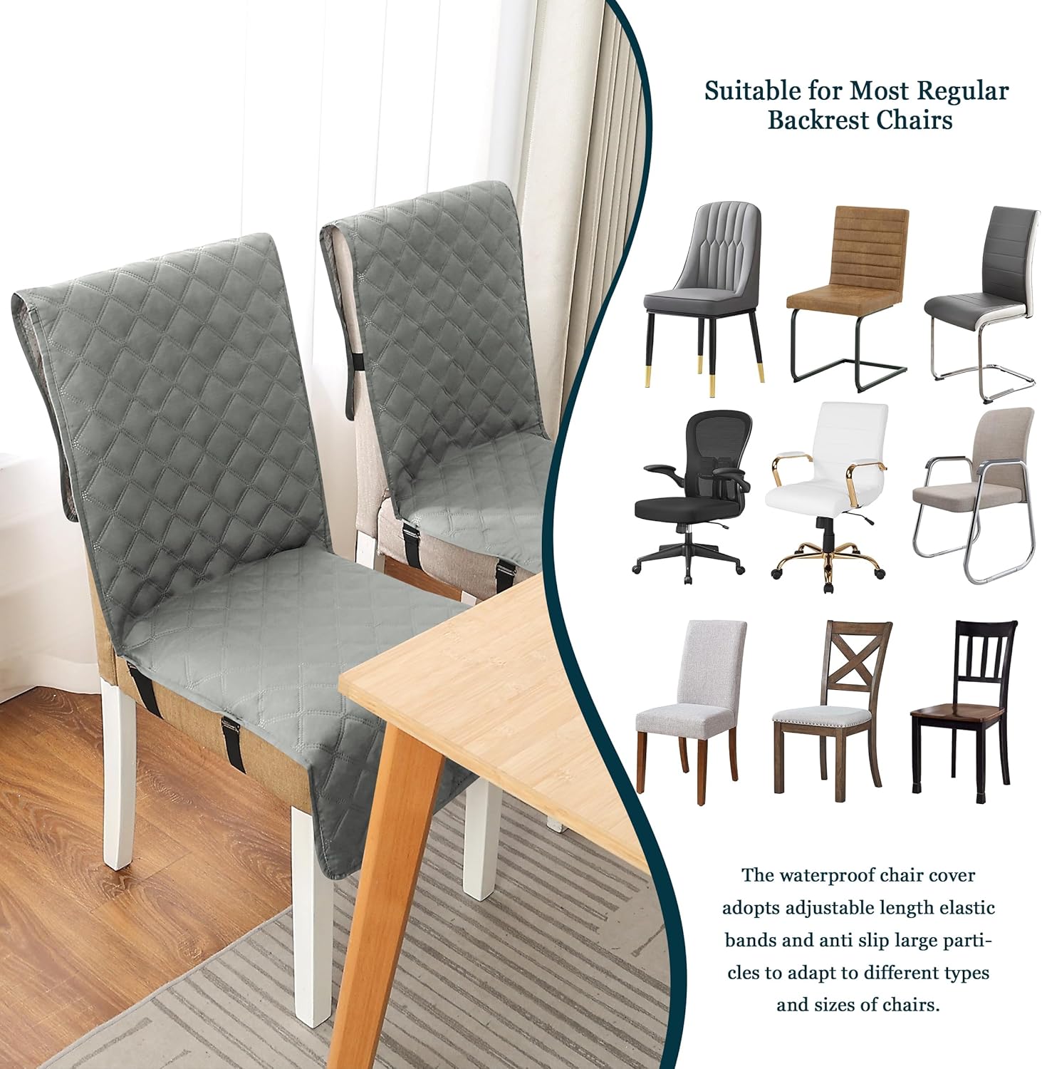 Yonus Waterproof Dining Chair Cover Office Chair Cover Water Resistant Dining Room Chair Cover Kitchen Chair Slipcover Computer Chair Cover with Anti-Slip Buckle (Light Grey, 1PCS)