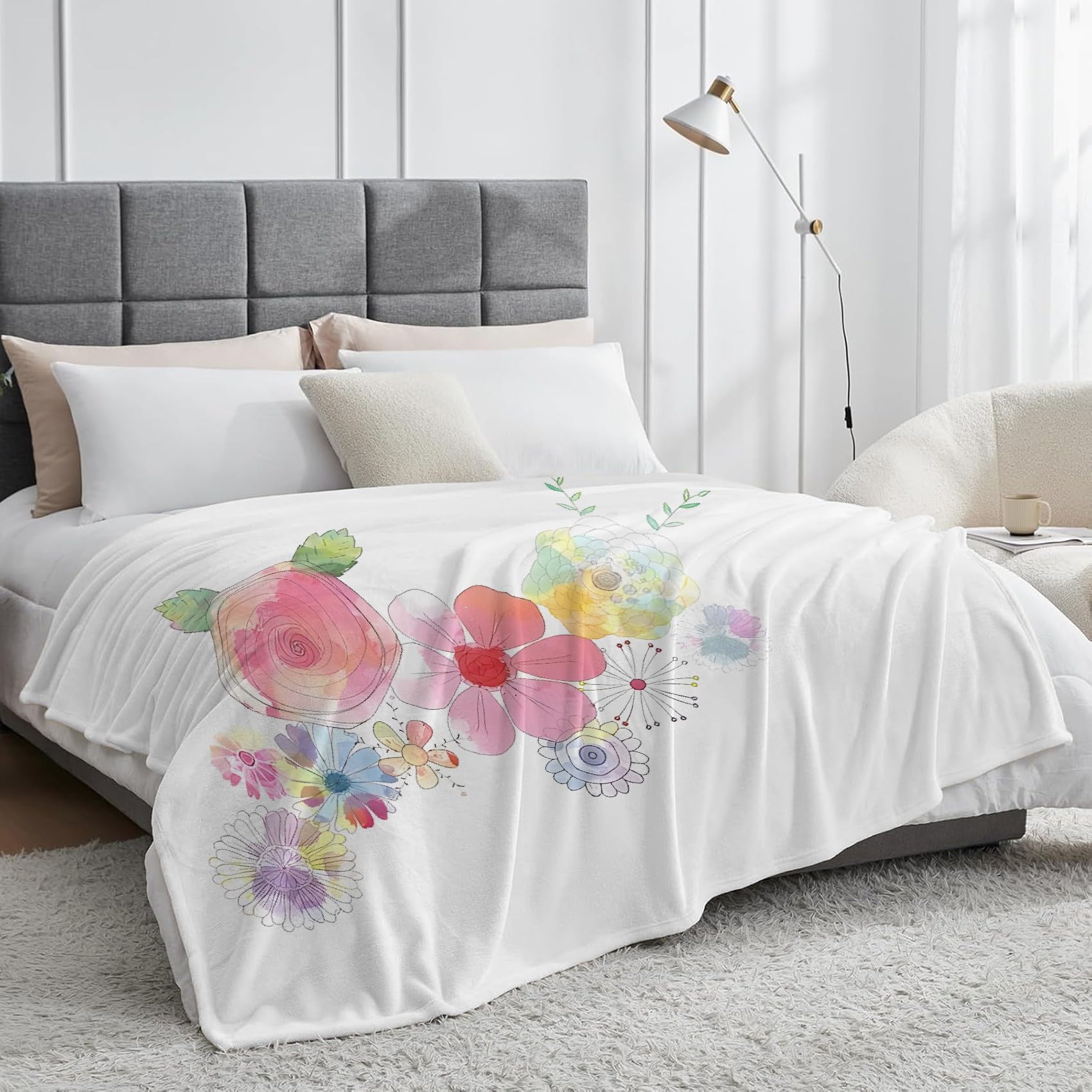 Koc z motywem kwiatowym w stylu akwarelowym Koc polarowy z mikrofibry 220 x 240 cm, lekki, miękki, ciepły i wygodny, odpowiedni do sypialni i salonu