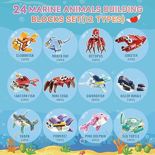 Miniatura 2 de Bestbase Regalos para el día de San Valentín para niños, 24 paquetes de bloques de construcción de animales marinos con tarjetas de San Valentín