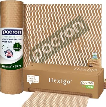Hexigo Honeycomb Packing Paper Roll - 12"x300 Recyclable Brown Kraft Paper for Wrapping & Packing - Eco-Friendly Expanded Packing Paper in Self-Dispensed Box For Dishes & Kitchen Essentials