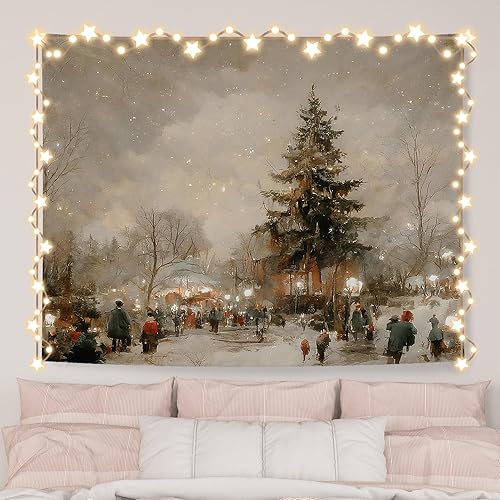 Miniatura 12 de AQYIP Tapiz de Árbol de Navidad, Tapiz Navideño Verde Bosque Decorativo, Paisaje de Pinos de Bosque de Invierno, Manta de Pared para Decoración