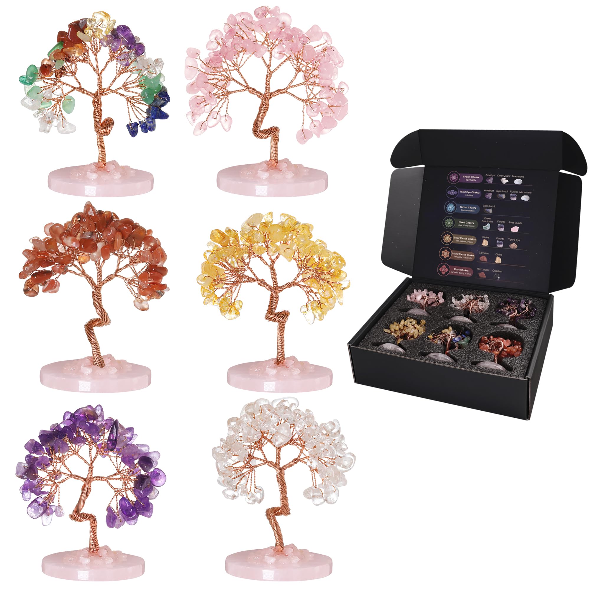 Arbre de Vie en Cristal Lot de 6 Arbres en Pierres Naturelles Chakra Quartz Rose Améthyste Citrine Cornaline Cristal de Roche Décoration Maison Feng Shui Cristaux de Guérison Idée Cadeau Spirituelle