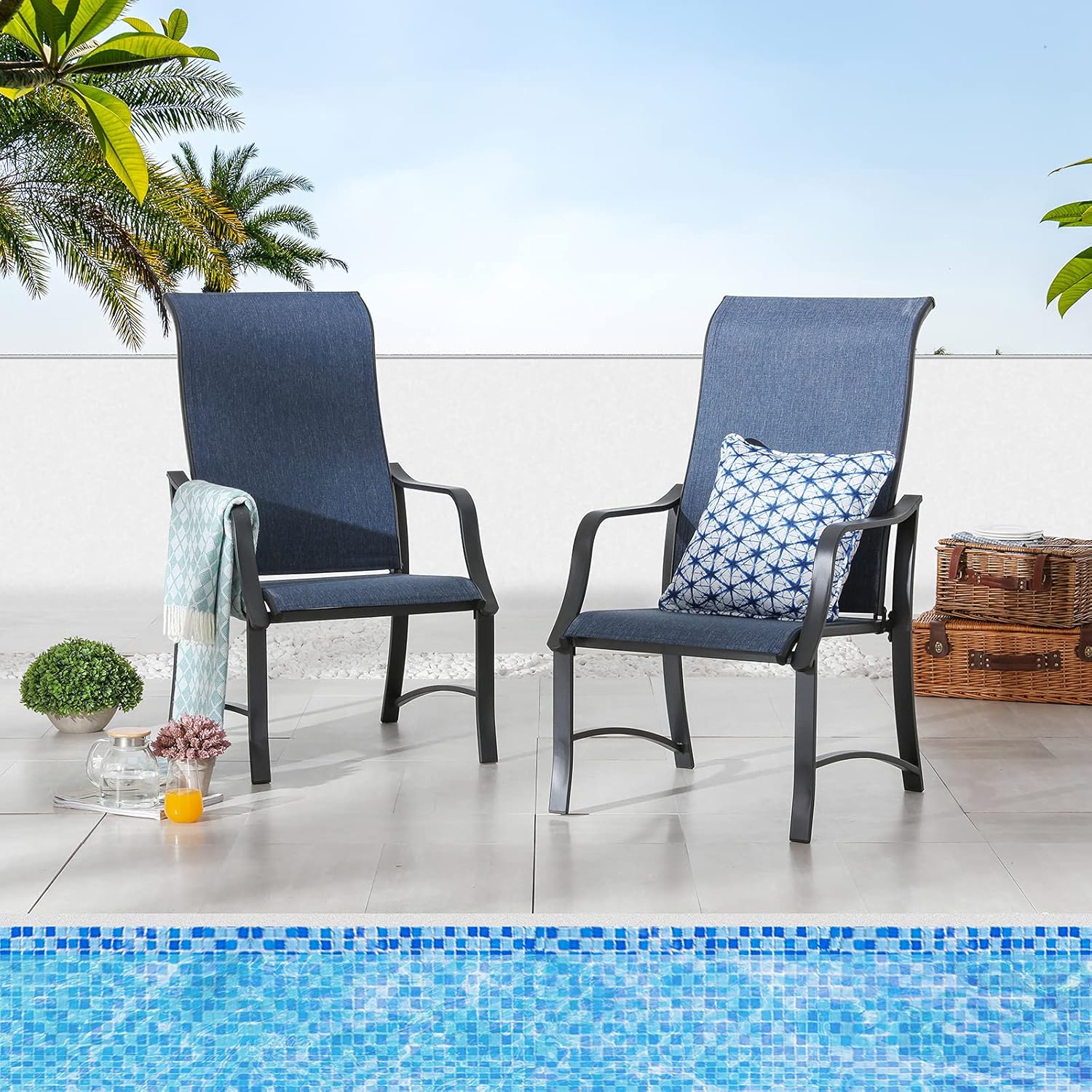 Festival Depot 2 Piece Patio Armrest Dining Chair Set with Breathable Textilene Fabric and Metal Frame Outdoor Furniture for Deck Poolside Garden Lawn Porch (Blue)