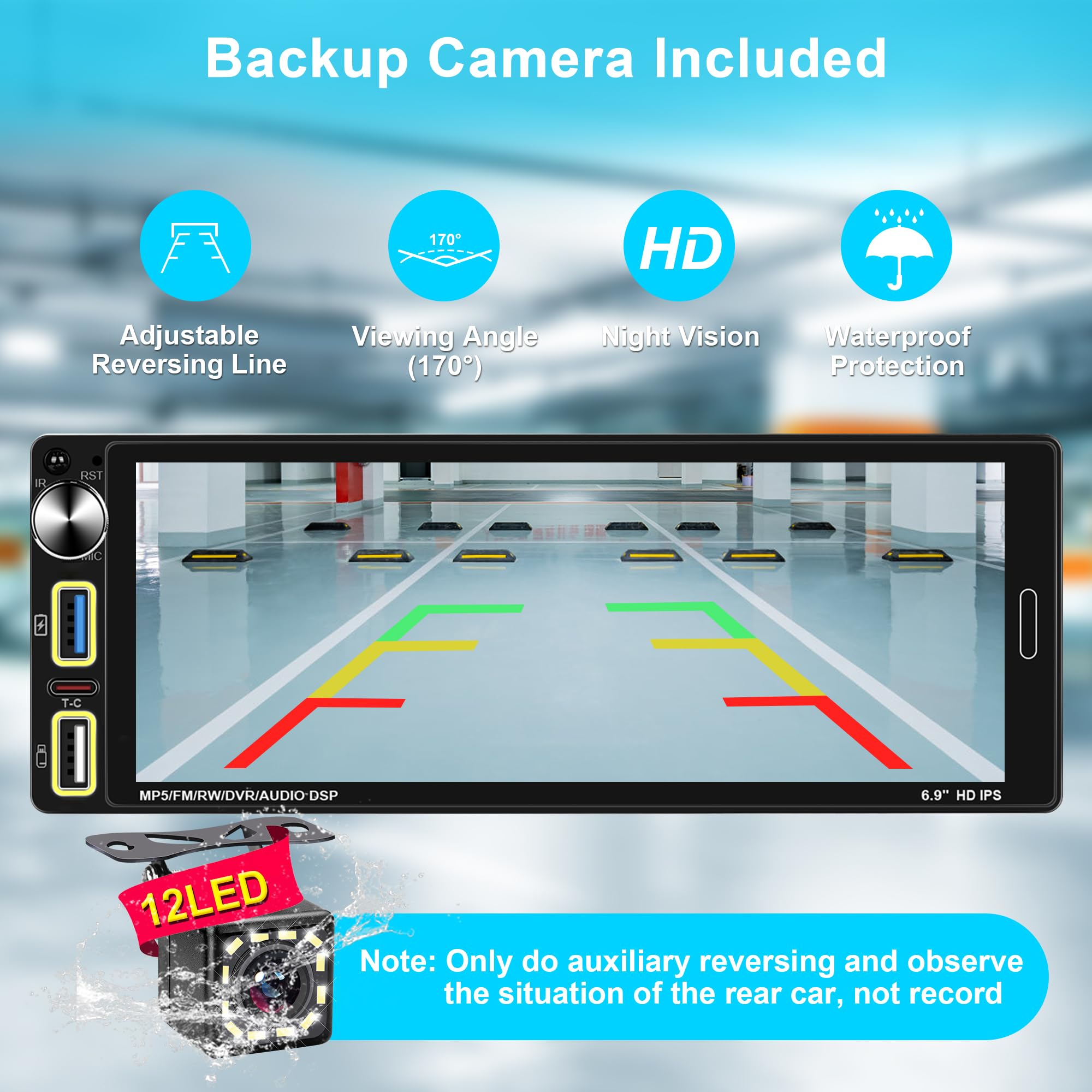 Autoradio 1 DIN Bluetooth Autoradio Car Play Voiture avec sans Fil Car Play & Android Auto,6.9 Pouces HD Écran Tactile,Radio FM/Charge Rapide/Microphone/Type C/Caméra de recul