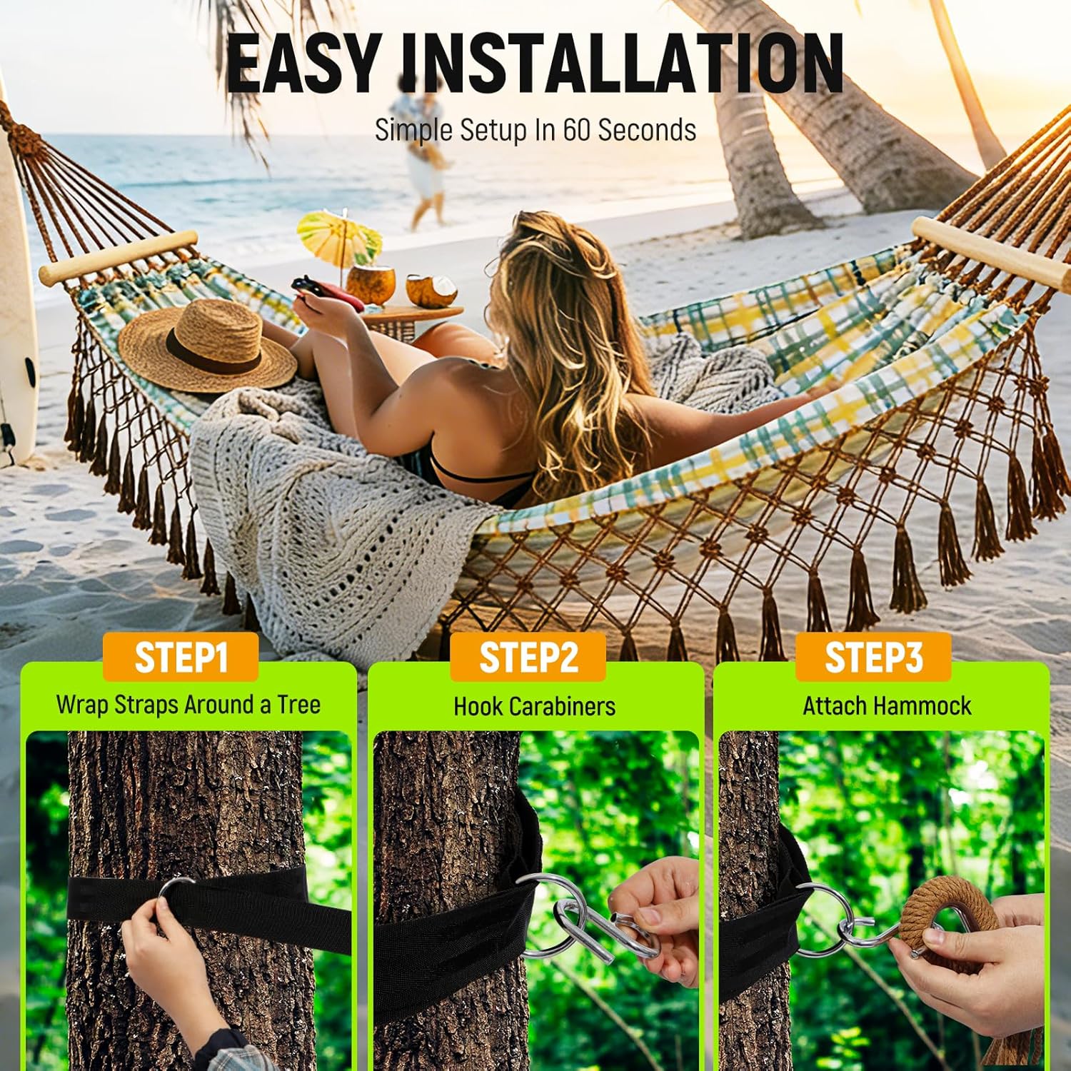 Portable Hammock, Bohemian Hammock,2person Hammock,for Suitable,Patio,Beach,Backyard,Garden,（Cyan 79 * 59