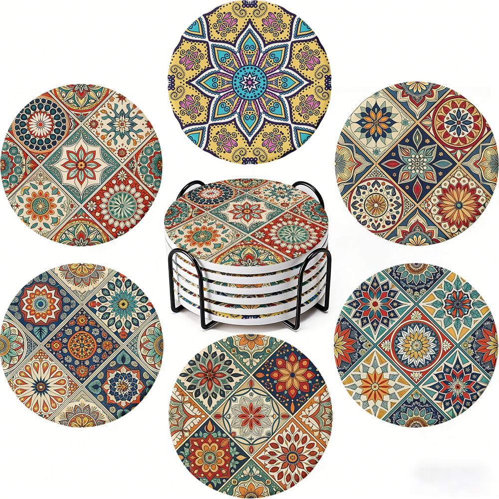 Floral Ceramic Coasters Set of 6 with Holder and Cork Base