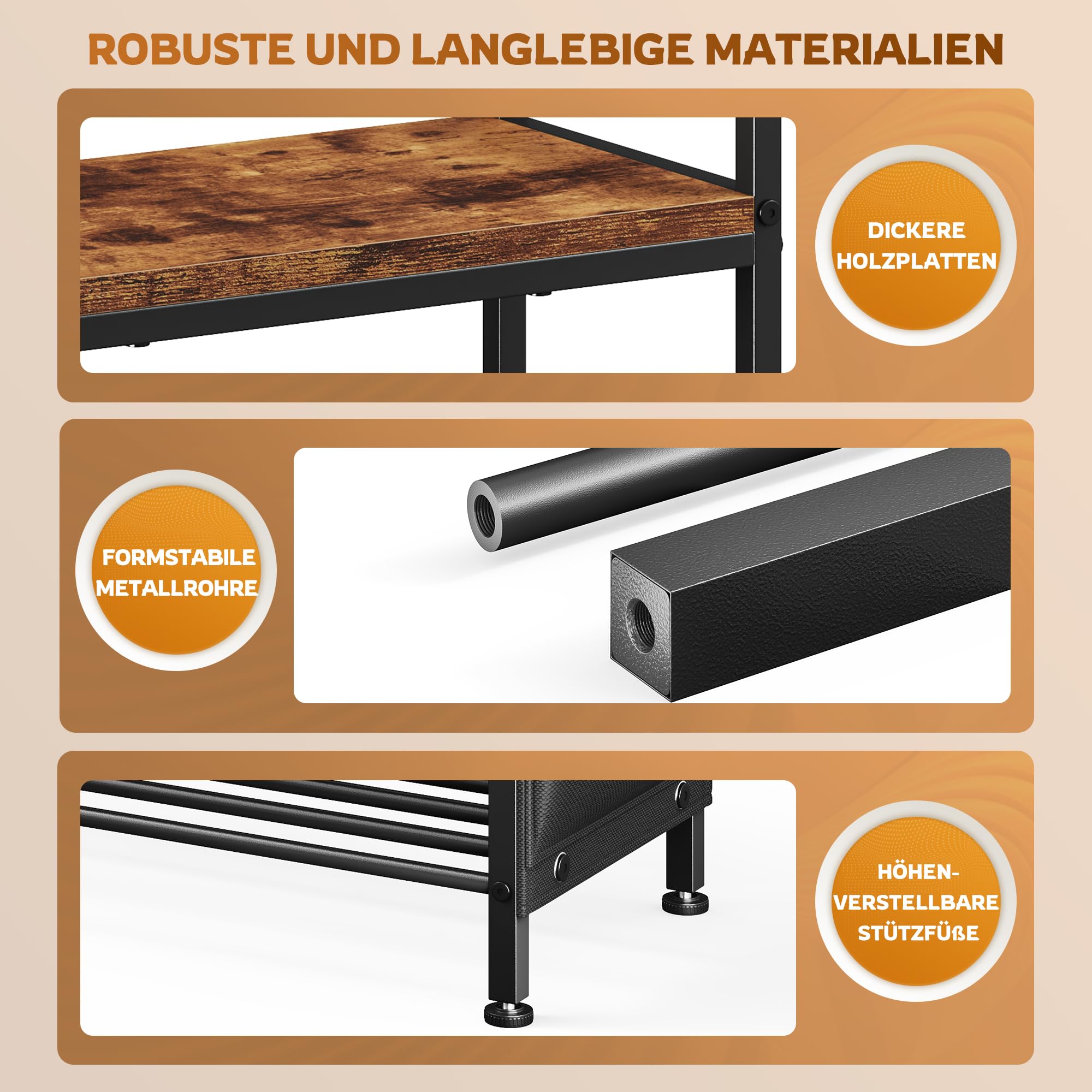 Schuhregal platzsparend 5 Ebenen für 16-20 Paar, Schuhschrank schmal mit Seitentaschen, Metall-Holz Schuhablage, für Eingangsbereich, Flur, Wohnheim, 30 x 76 x 96.5 cm, Vintagebraun-schwarz