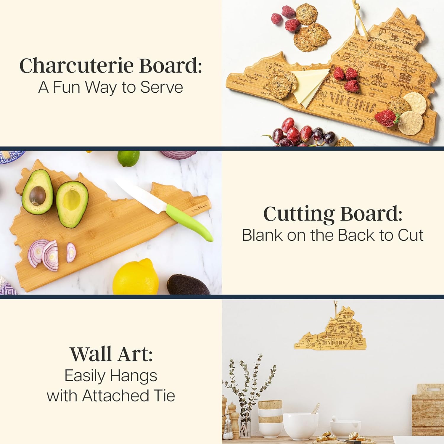 Totally Bamboo Destination Virginia Shaped Cutting Board – Bamboo Charcuterie and Serving Board with Hang Tie for Wall Display