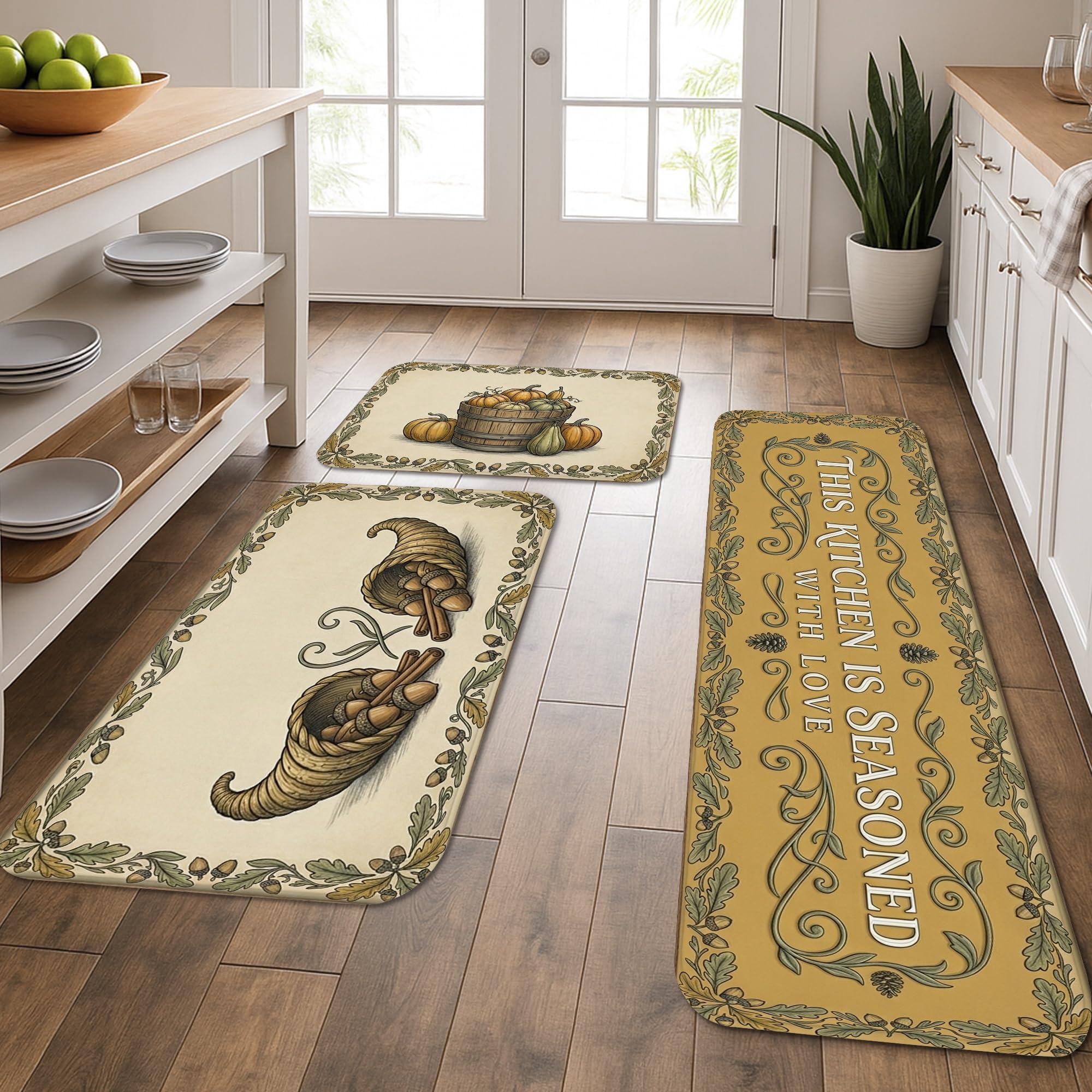 Tapis de cuisine traditionnels rustiques Cornucopia lot de 3 tapis de sol beige