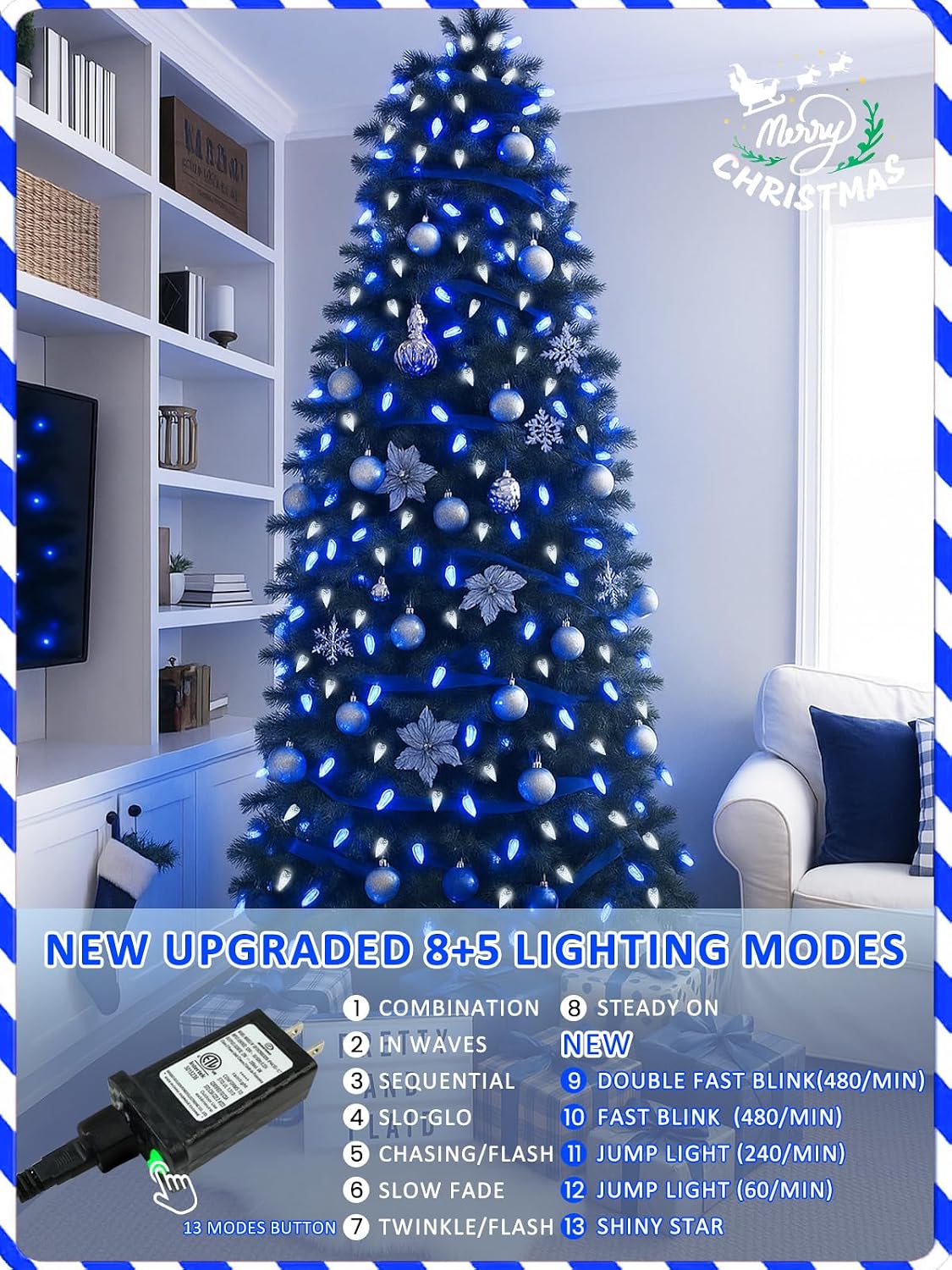 Upgraded 250 LED C6 Connectable Christmas String Lights Blue and White, 82FT Waterproof Christmas Twinkle Light Outdoor, Plug in Fairy Lights Indoor with 13 Modes & Timer for Christmas Decorations