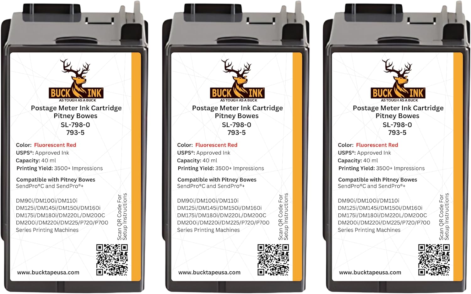 BUCK TAPE AS TOUGH AS A BUCK 793-5 / SL-798-0 Replacement Red Ink Cartridge for Pitney Bowes SendPro C, SendPro+, DM100, DM100i, DM125i, DM150i, DM175i, DM200L, DM225 & P700 Postage Meters (40ml)