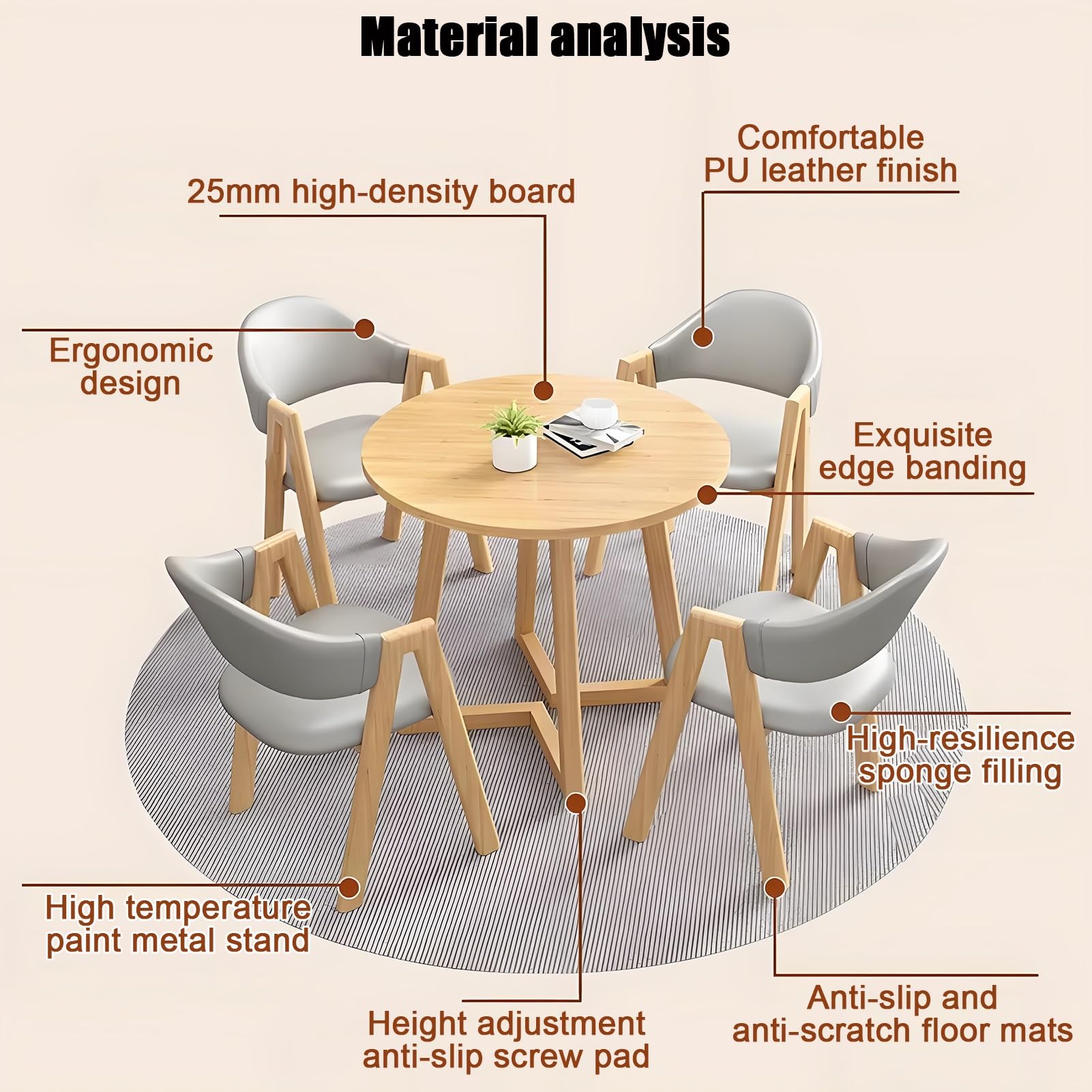 Ensemble Table et chaises Rondes pour 4 Personnes, Pieds en métal Marron, Gain de Place, 90 cm (35,4 Pouces).