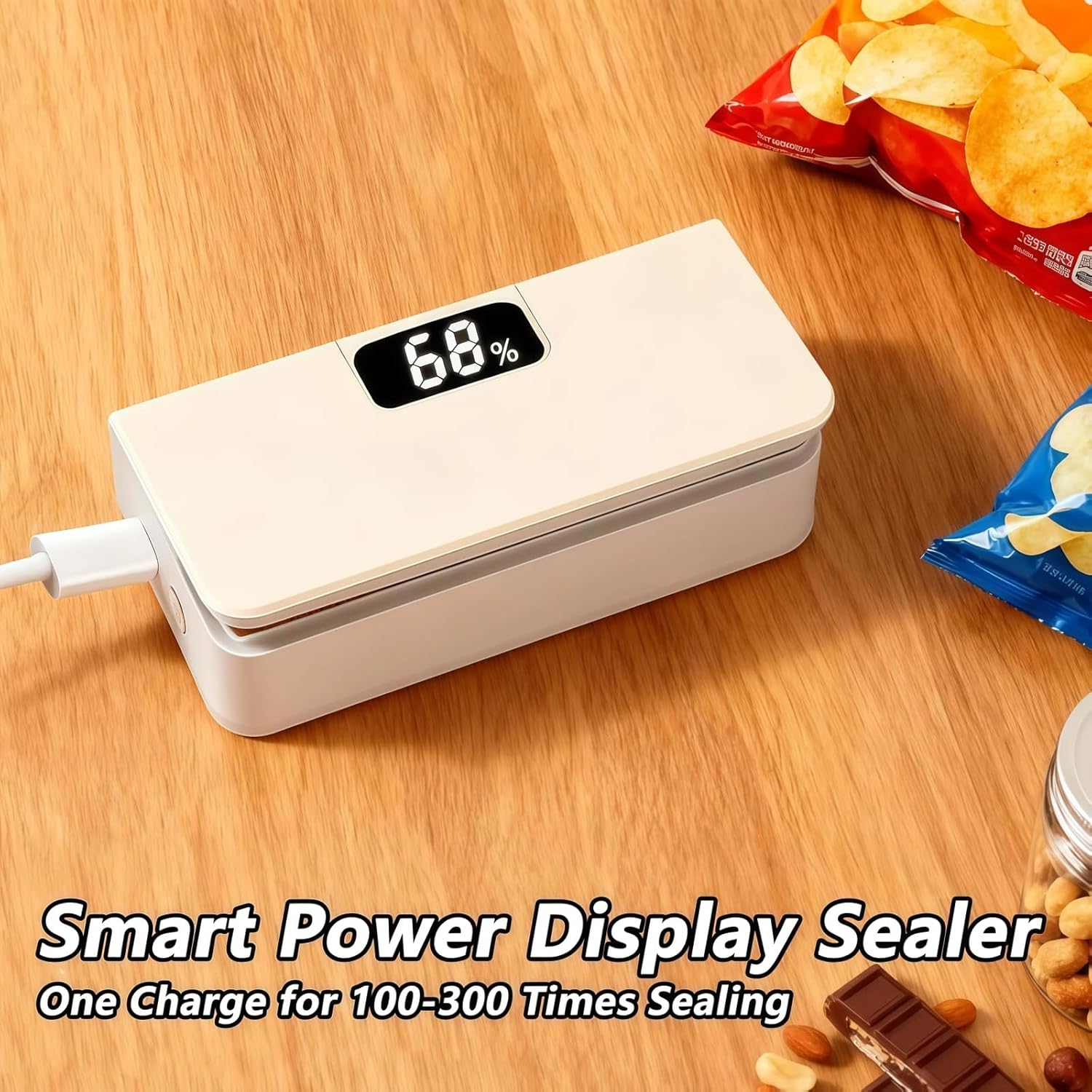 USB-C Rechargeable Mini Bag Sealer, One-Touch, Adjustable & Portable Freshness, 6-Level Adjustable Heat Sealer & Cutter, LED Display, Magnetic Base for Fridge & Kitchen (White&Blue)