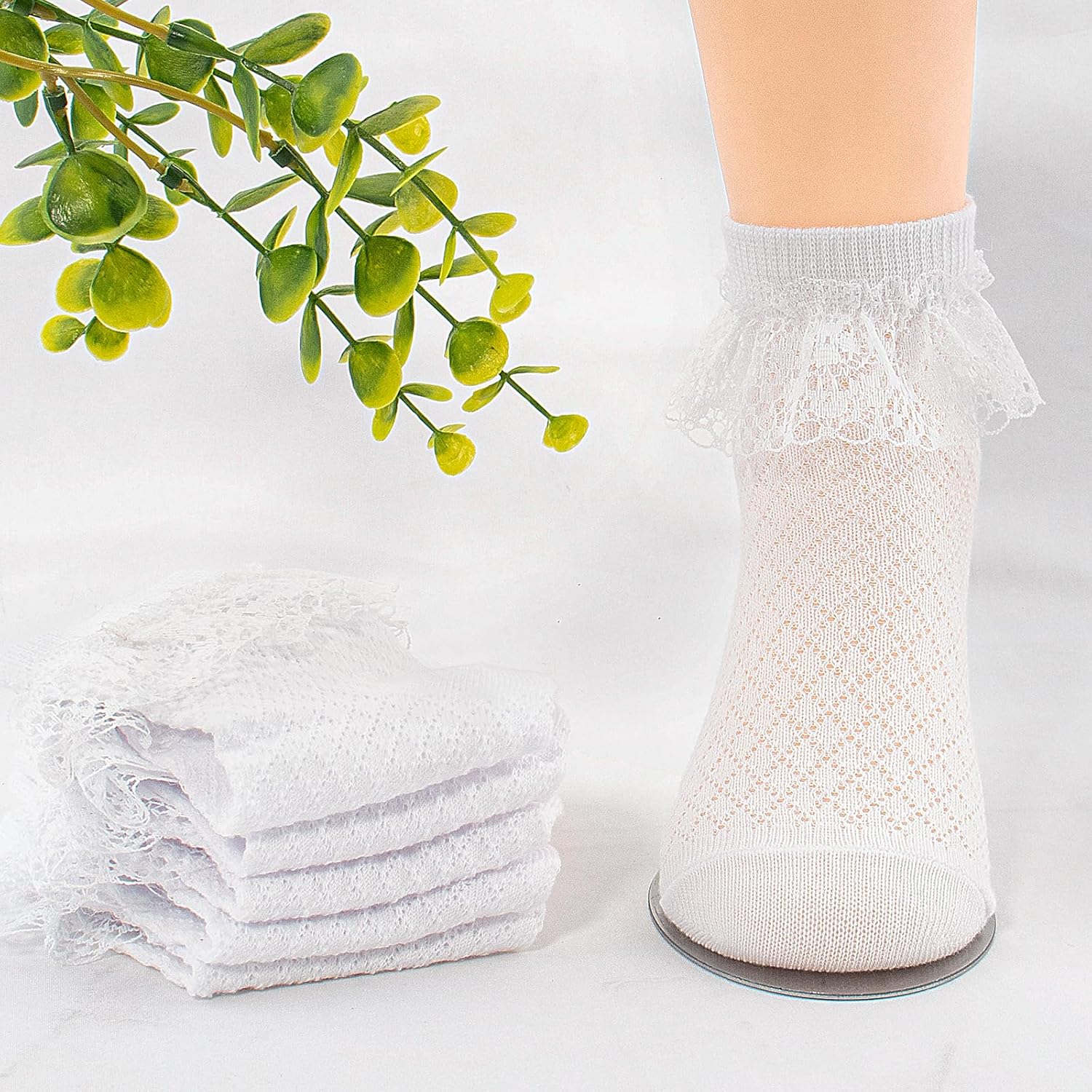 Looching Baby Todller Girls Eyelet Ruffle Lace Sock White Cotton Princess Style Ankle Dress Frilly Mesh Thin Socks Pack of 5 - Image 7