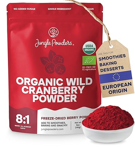 Jungle Powders Polvo de arándano silvestre orgánico de 5 onzas, certificado por USDA en polvo de arándanos orgánicos liofilizados para hornear
