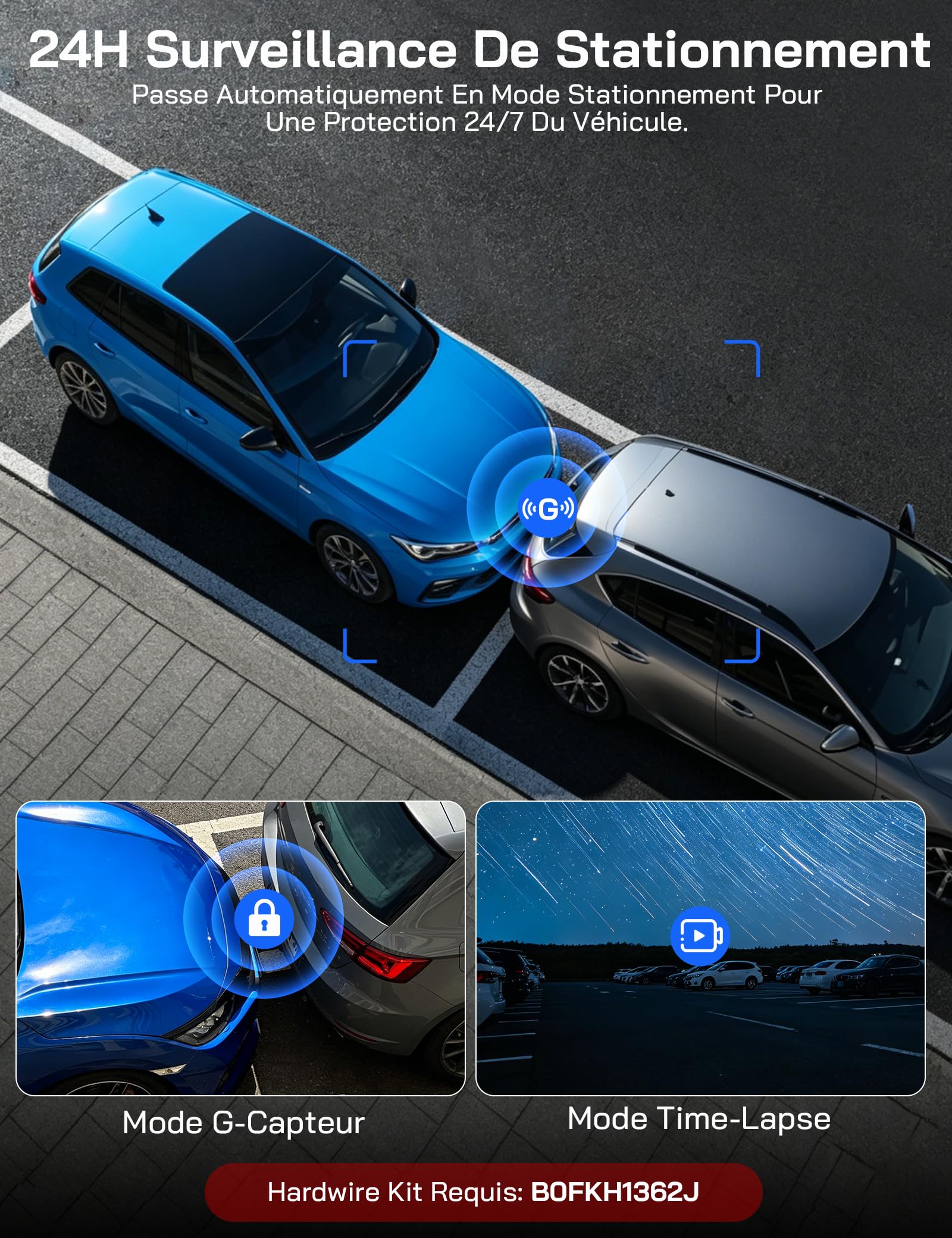 WOLFANG 4 Canaux Dashcam Voiture, Dashcam 4K Avant et 1080p*3, 24H Mode Parking, Caméra Embarquée 610°& 5.8GHz WiFi & Application, G-Capteur, WDR, Vision Nocturne, Enregistrement en Boucle