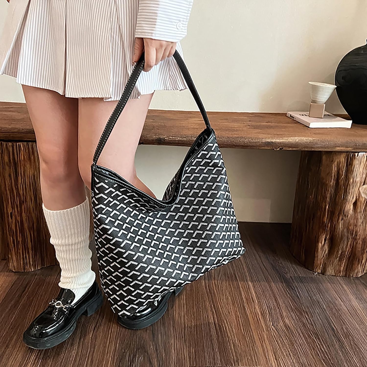 women's shoulder handbags Elegant Hobo Bag Large Purse Geometric pattern Tote Bag Brown color blocking Plaid handbag - Image 8