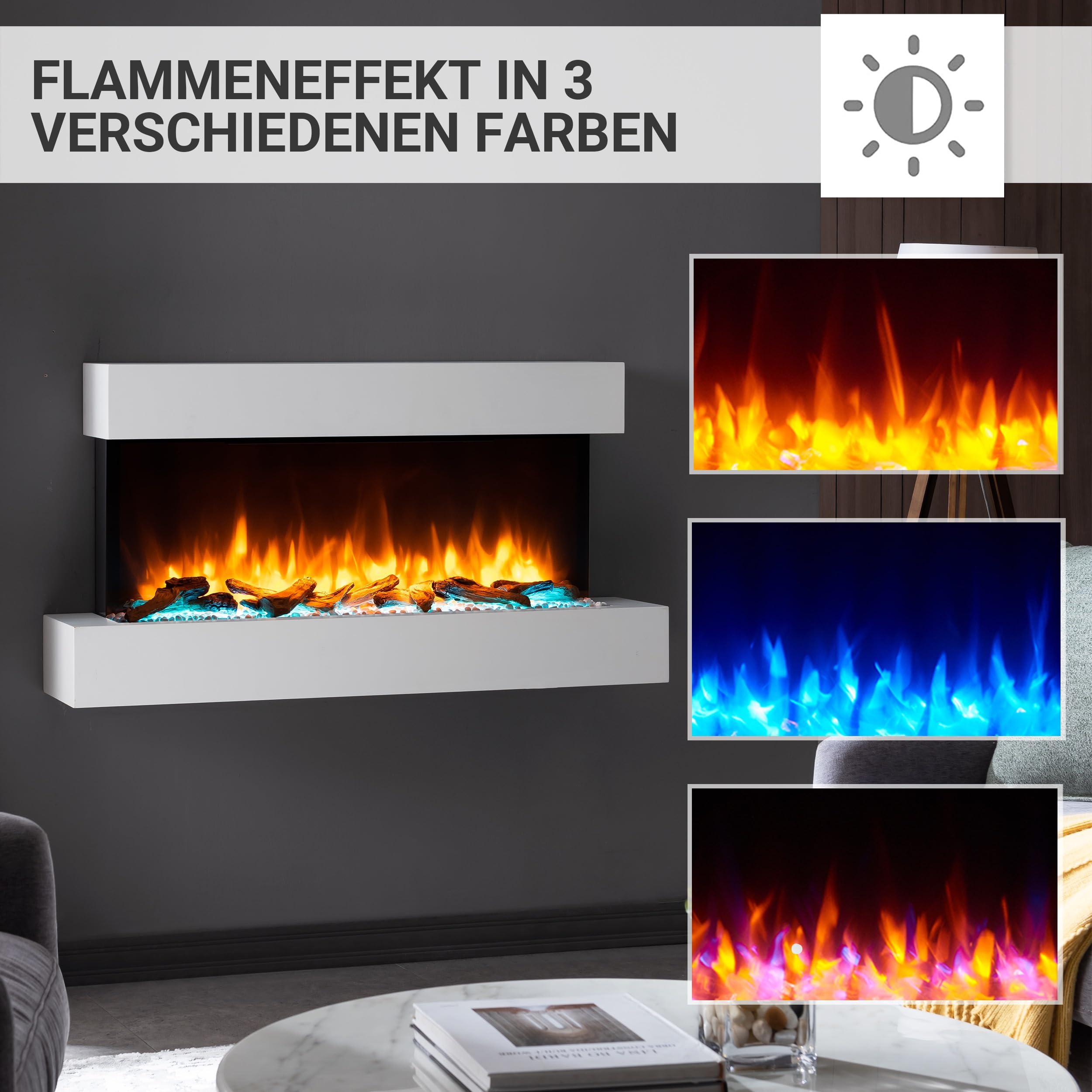 BALDERIA Ignis - Elektrischer Wandkamin mit Heizung und LED Flammeneffekt, Weiss